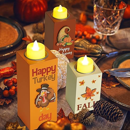 Miniatura 4 de BlcTec Decoraciones de Acción de Gracias para el hogar, 3 portavelas de madera con velas de té LED y artesanía de tallado 3D, centros de mesa