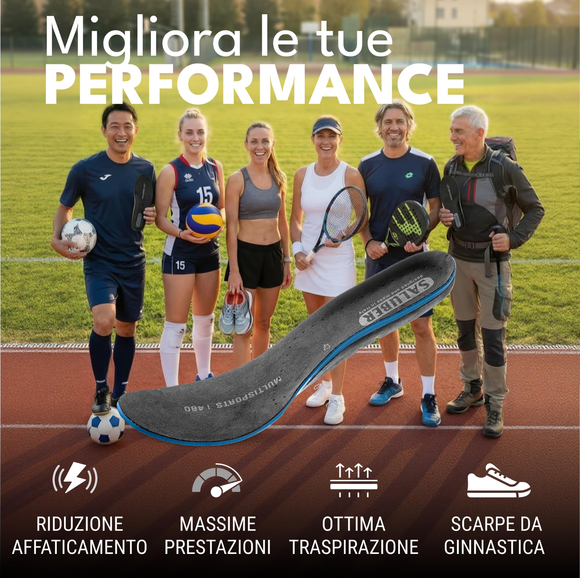 Saluber Active 480 Multisport Solette Sportive Ammortizzanti - Plantare Anatomico in Poron e Alcantara con Inserto Antishock - per Running, Padel, Uso Quotidiano (45)