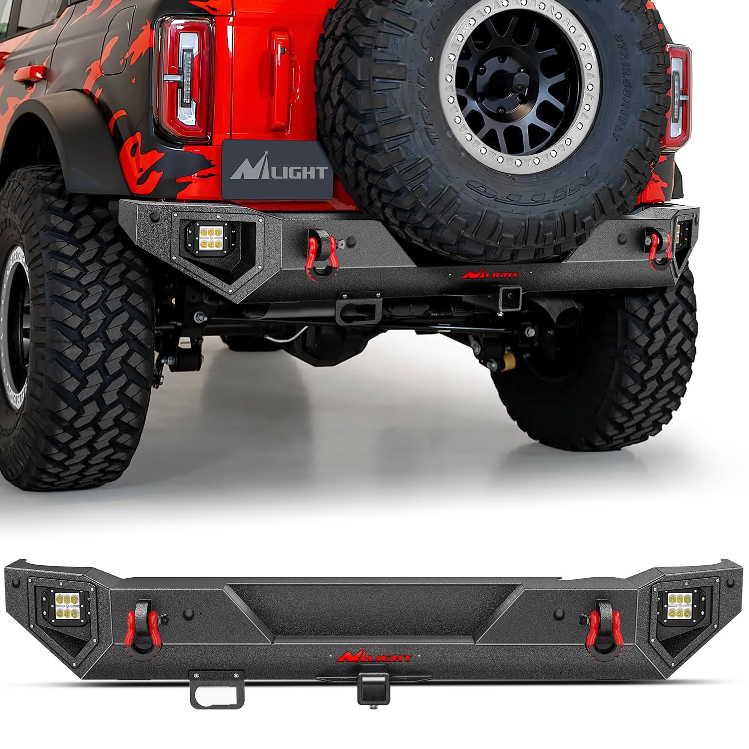 Nilight Rear Bumper Compatible for 2021 2022 2023 2024 Ford Bronco,Rock Crawler Bumper with Hitch Receiver & 2X Upgraded 18W Flood LED Work Light Wire Hole