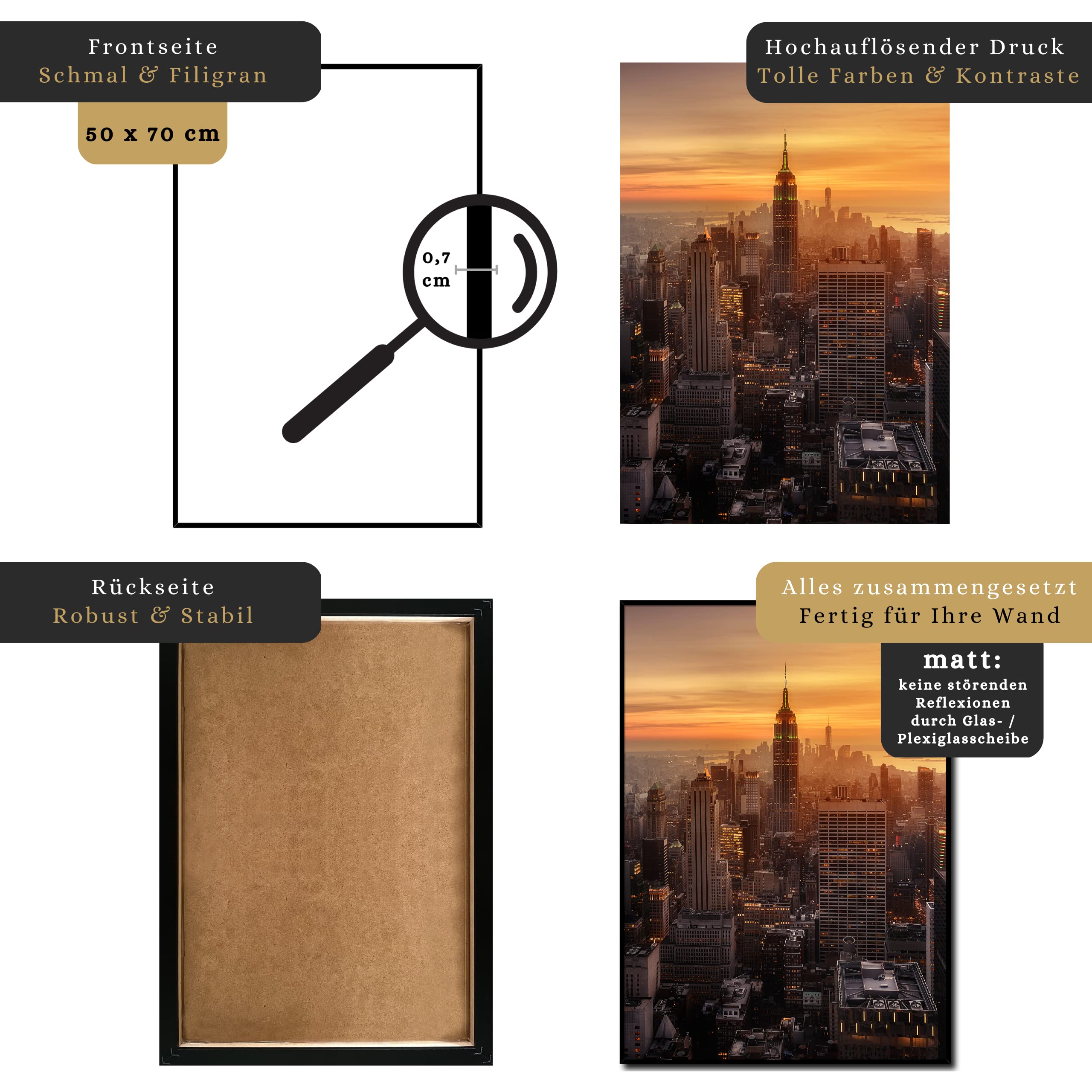 daazoo Wandbild Empire State Building Sunset | 50 x 70 cm Hochformat | Bild mit Rahmen schwarz Hochformat | groß XXL City | New York Wahrzeichen Skyline | Wohnzimmer Büro