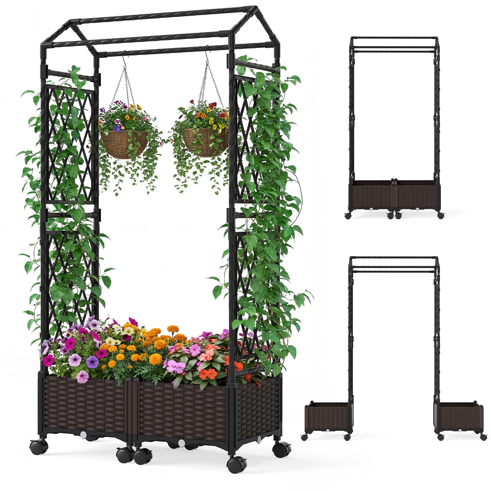 COSTWAY Fioriera Rialzata da Giardino con Grigliato, Tetto, Ruote Bloccabili e Irrigazione Automatica, Letto da Giardino Rialzato Alto in Rattan Impermeabile per Piante Rampicanti (Grigio)