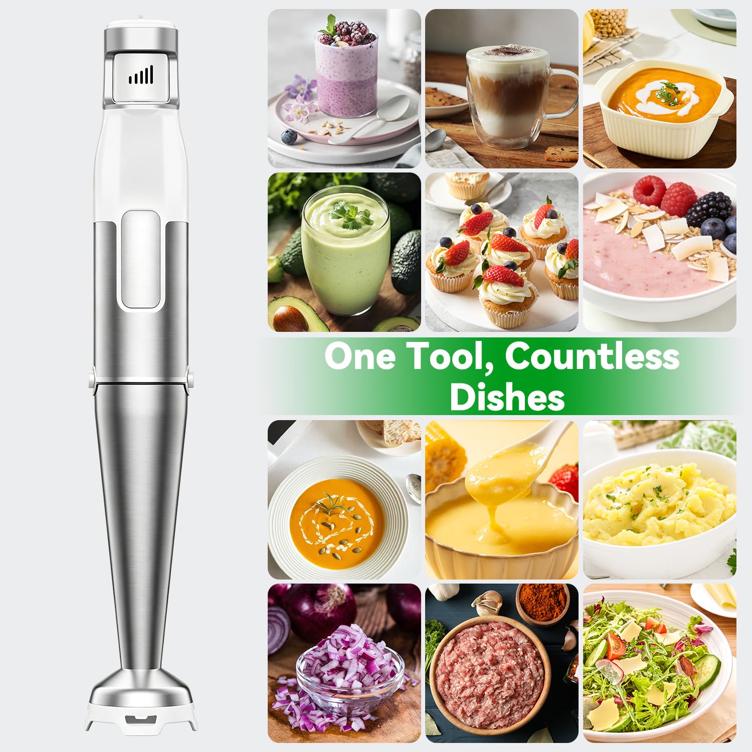 BESROY Frullatore a Immersione 5 in 1, 1100W Potente, Mixer Cucina Elettrico in Acciaio Inox, Velocità Regolabili, Set con Tritatutto, Frusta, Montalatte e Misurino per Zuppe e Frullati