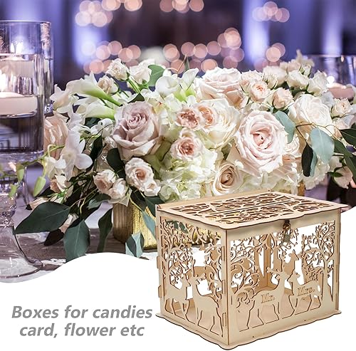 Miniatura 8 de Amosfun Vinatge - Caja de madera para tarjetas de boda, caja de boda rústica hueca con llave de bloqueo y caja de tarjetas de goma para decoración