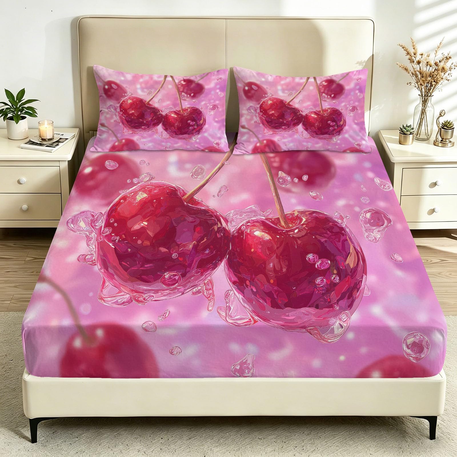 Sábana bajera ajustable de frutas hiperrealistas de 150 x 200 cm, fácil cuidado, 30 cm de profundidad, con cerezas rojas frescas, suave, transpirable, cómoda, para colchón de tamaño King