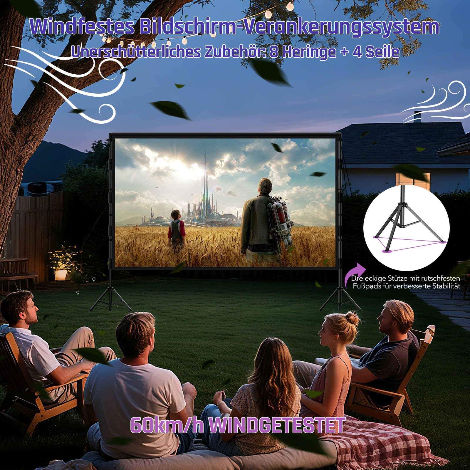 Schermo proiettore con treppiede da 100 pollici per esterni – LEORFI Schermo proiettore portatile con borsa, leggero, proiezione interna frontale/posteriore - Schermo cinematografico 16:9 4K HD con