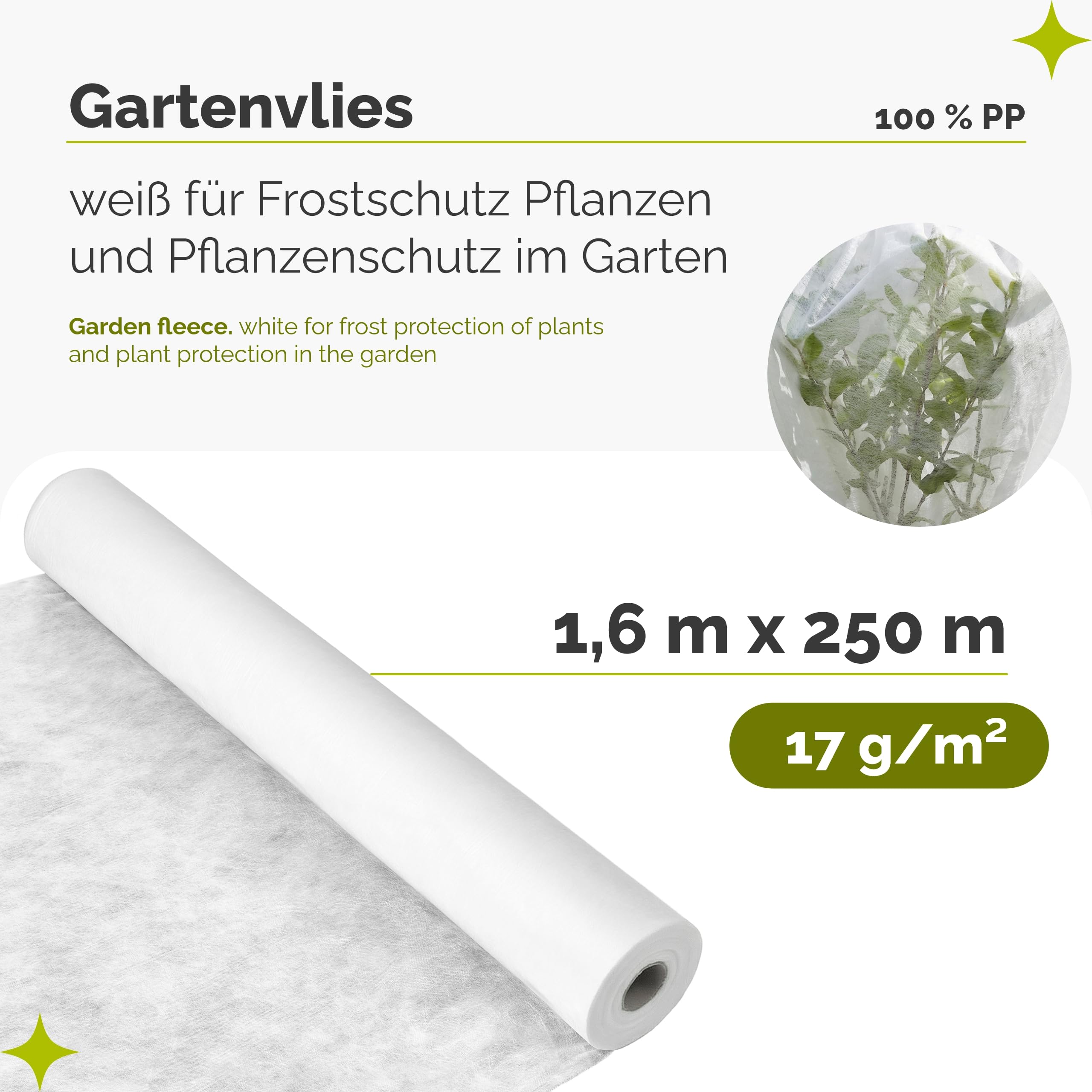 Garronda Pflanzenschutzvlies Gartenvlies Abdeckvlies 1,6 m x 250 m GD-0175 | 17g/m² ,Weiß, atmungsaktiv, UV-beständig, für Frostschutz, Frühbeet, Gemüsebeet, Pflanzenabdeckung und Pflanzen im Garten