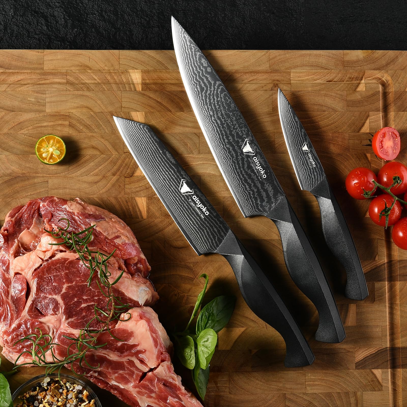 Aisyoko 8C Damascus Knife Set - 3PC Chef's Knife, Kitchen and Paring Knives, High Carbon Stainless Steel, Ergonomic Full Tang ABS Anti-Skid Handle — Amazon image 5