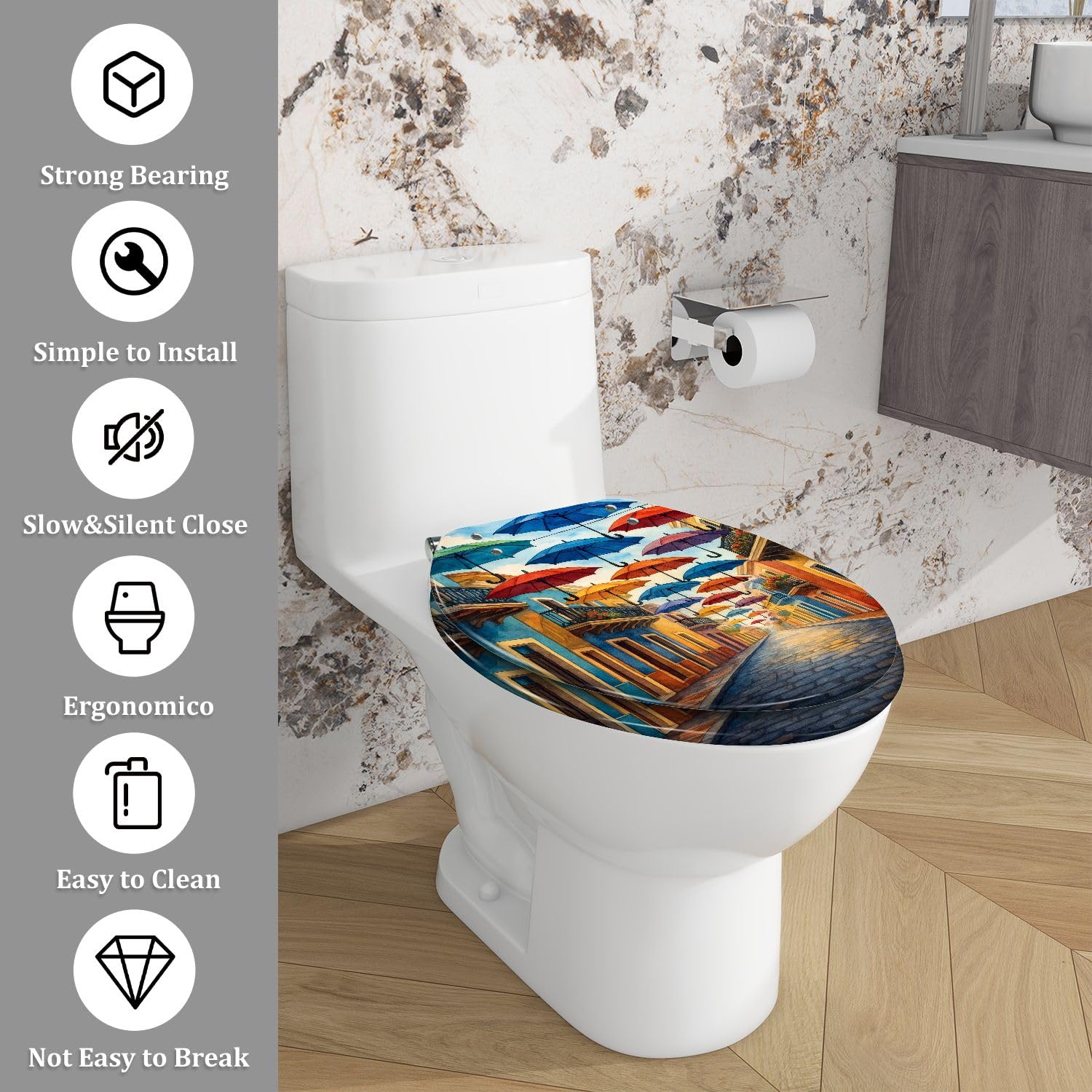 Asiento de inodoro alargado de resina para uso en el baño.