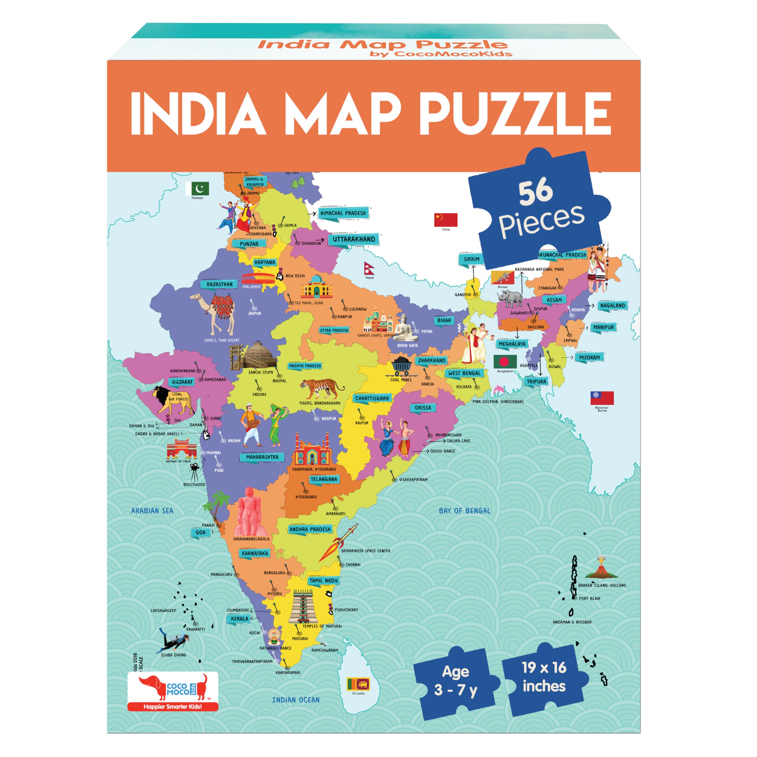 CocoMoco Kids India Map Jigsaw Puzzle For Kids, Toddlers - 56 Pieces Puzzle With States, Dances, Monuments And More, Educational Toy Birthday Return Gift For 2-7 Years By Cocomoco-image-19