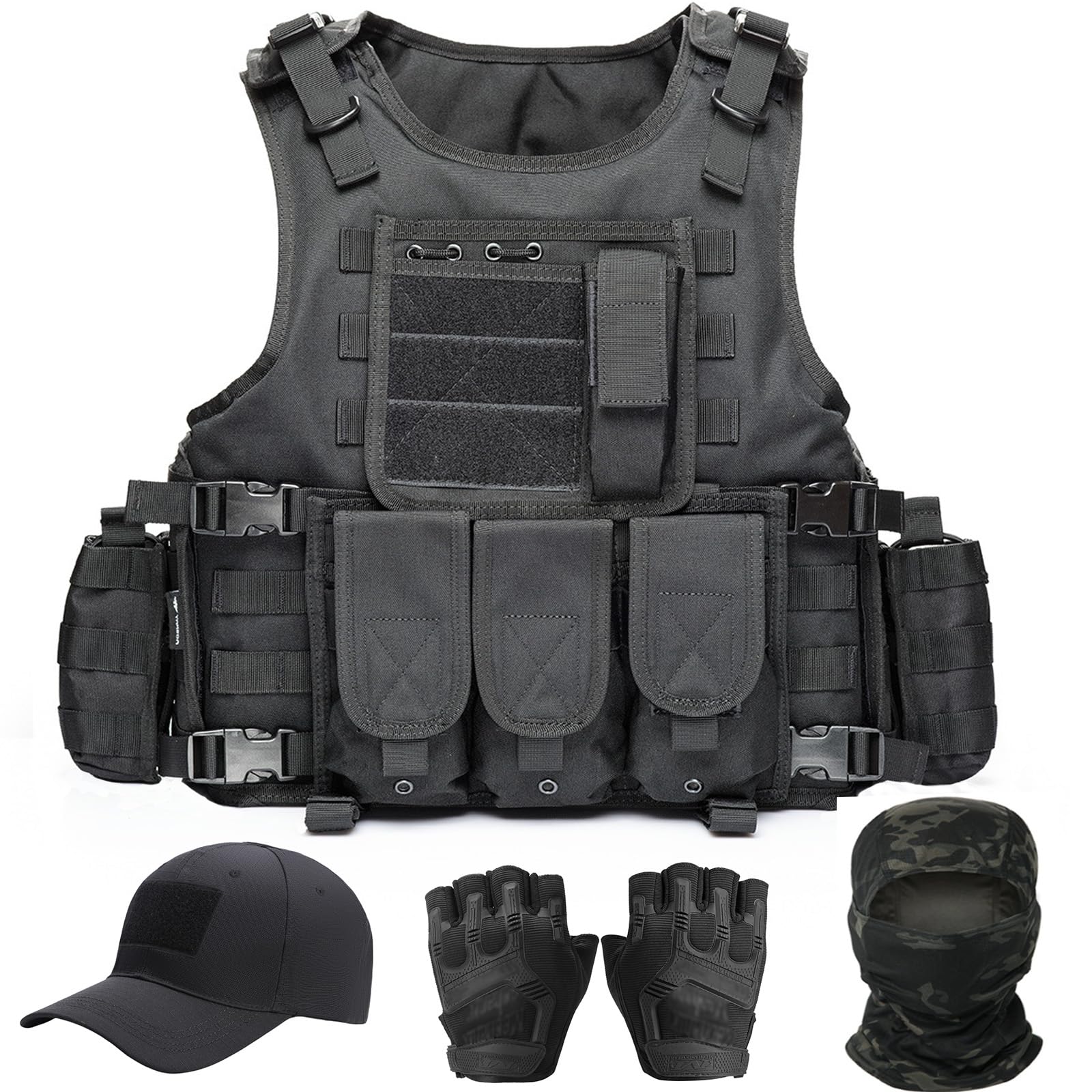Tactical Vest for Men, Airsoft Vest, Black Molle Vest and Cap Protective Equipment, Tactical Airsoft Gear