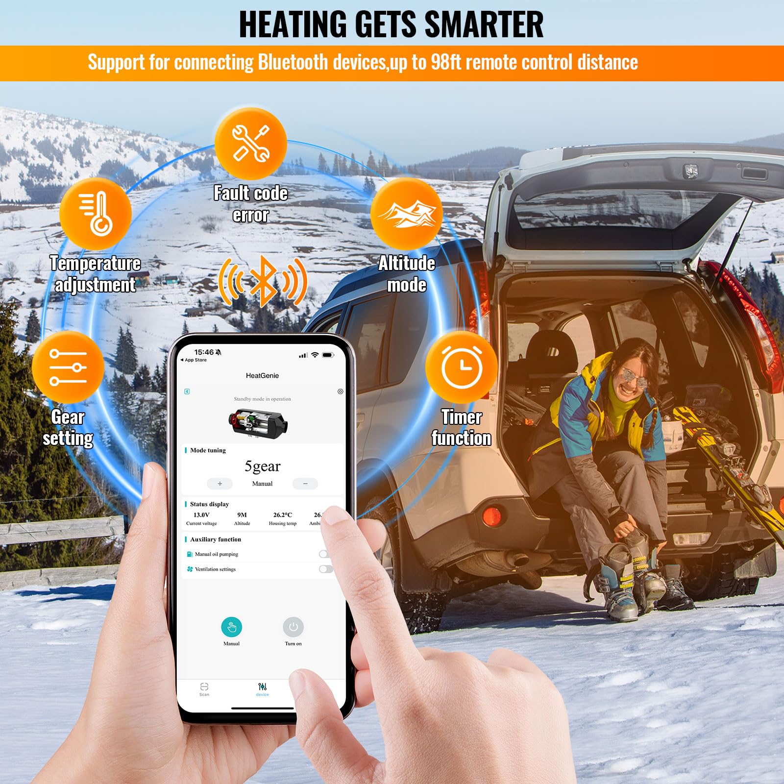 VELPAX Chauffage Diesel 8 KW 12V/24/220V Tout-en-Un Portable Chauffage à Air Diesel,0,16-0,52 L/h Réchauffeur d'air Diesel 8-36 ℃ Réglable 15-20 m² Contrôle Intelligente Télécommande LCD Bluetooth APP