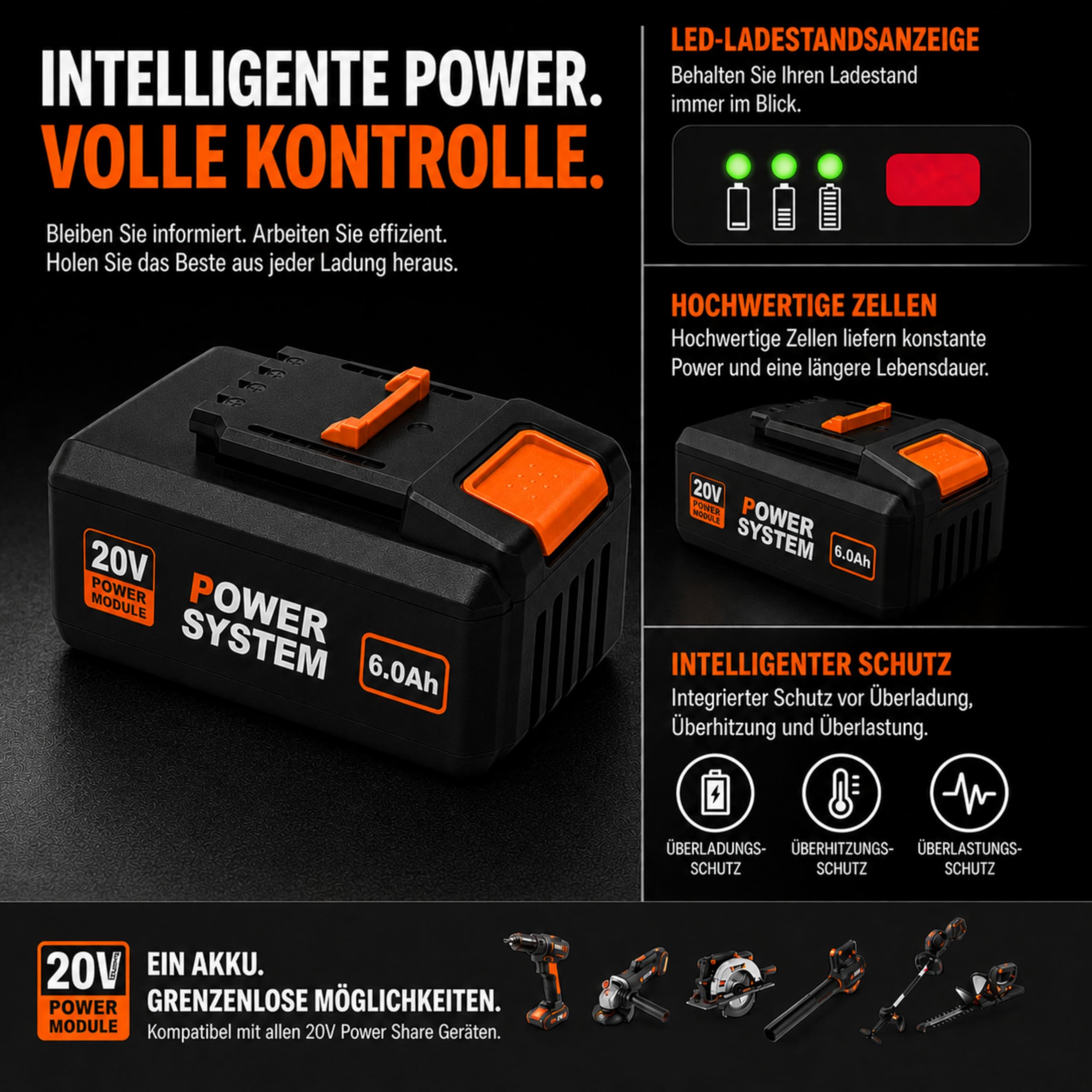 Batería de repuesto de 20 V 6,0 Ah compatible con sistema Worx PowerShare, batería de ion de litio con indicador LED, alto rendimiento y larga duración