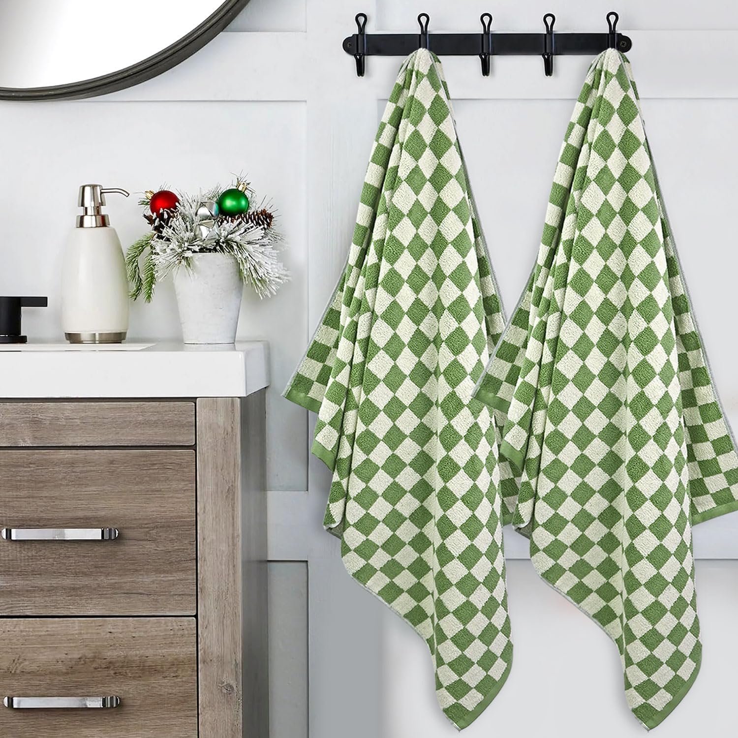 Jacquotha Juego de 2 Toallas de baño de algodón de Lujo, absorbentes, de Secado rápido, 520 g/m², decoración del hogar, Cuadros Verdes