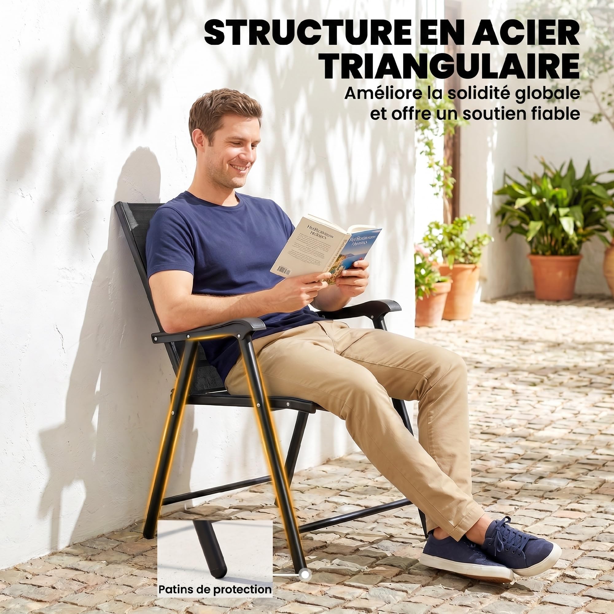Outsunny Lot de 4 Chaises de Jardin Pliantes en Textilène Robuste Noir | Mobilier de Jardin, Structure Acier, Sans Montage, Chaise de Terrasse et Balcon, Dossier Haut Ergonomique