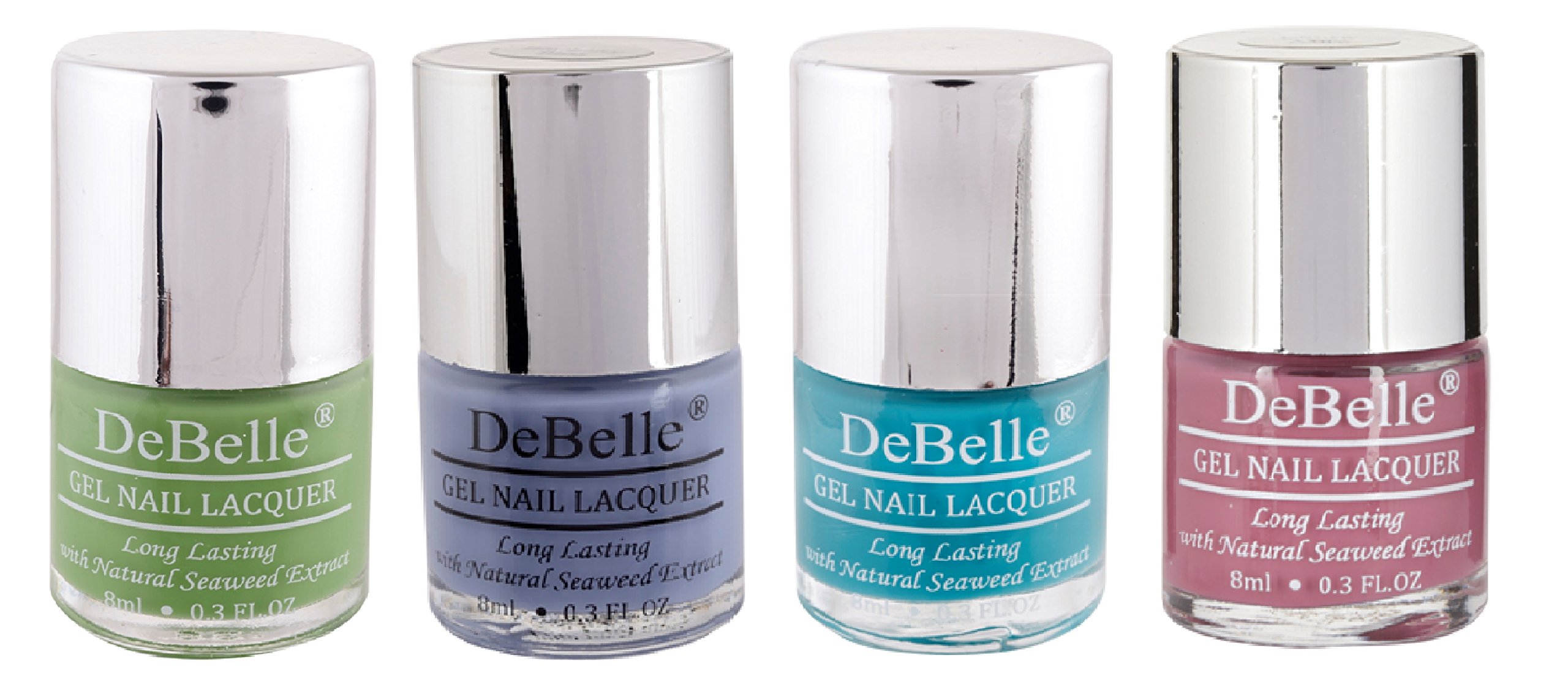 DeBelle Nail Polish Combo Kit of 4, Pastel Green(Mystique Green),Turquoise Blue(Royale Cocktail),Purple(Blueberry Bliss),Light Majenta(Laura Aura),32 ml(8 ml Each)