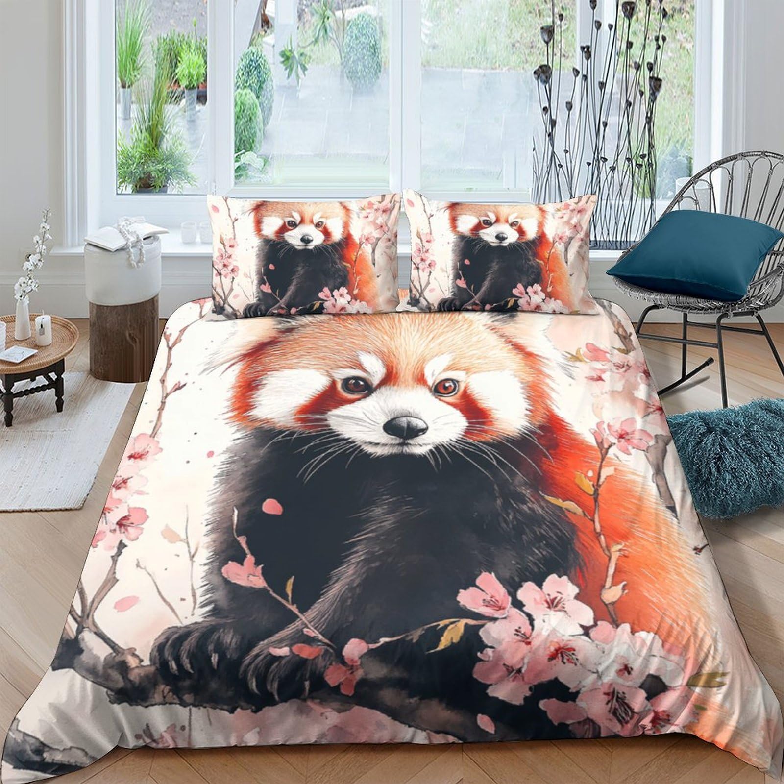 GPLZQXKJNH 3D Printed Red Panda Blossom Duvet Cover Set Microfiber Soft Breathable Quilt Cover with 2 Pillowcases for Bedroom Décor Single（135x200cm）