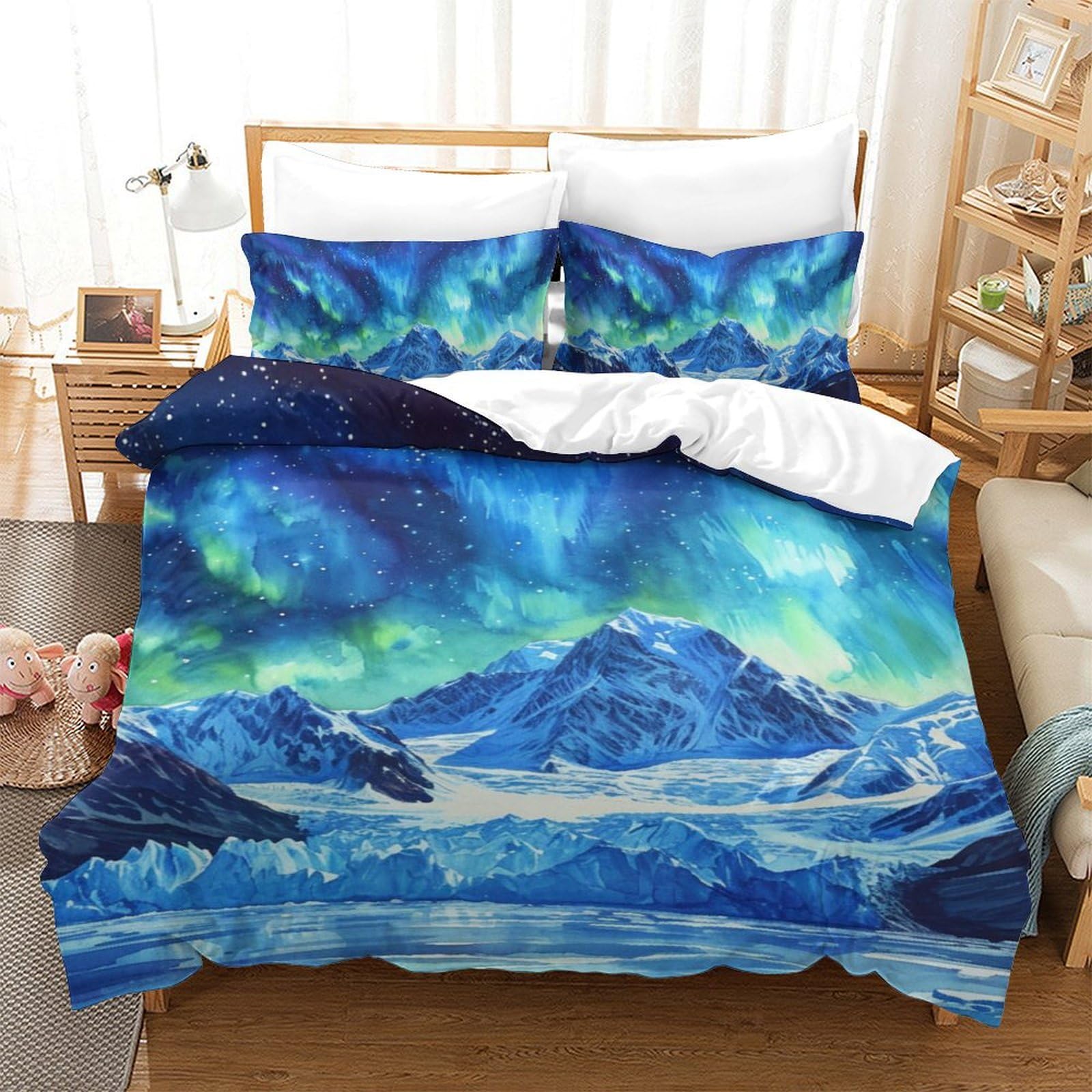 Housse de couette 140x200 fermeture éclair aurores boréales pour lit sans plis