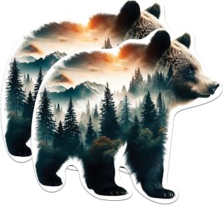 (2 Packs) Bear with Wilderness Forest Magnets - Cool Nature Lover Outdoorsman Magnets - 5 Inches On Longest Side - Premium Magnet - for Fridges, Toolboxes, Cars - Made in USA - MAG2274