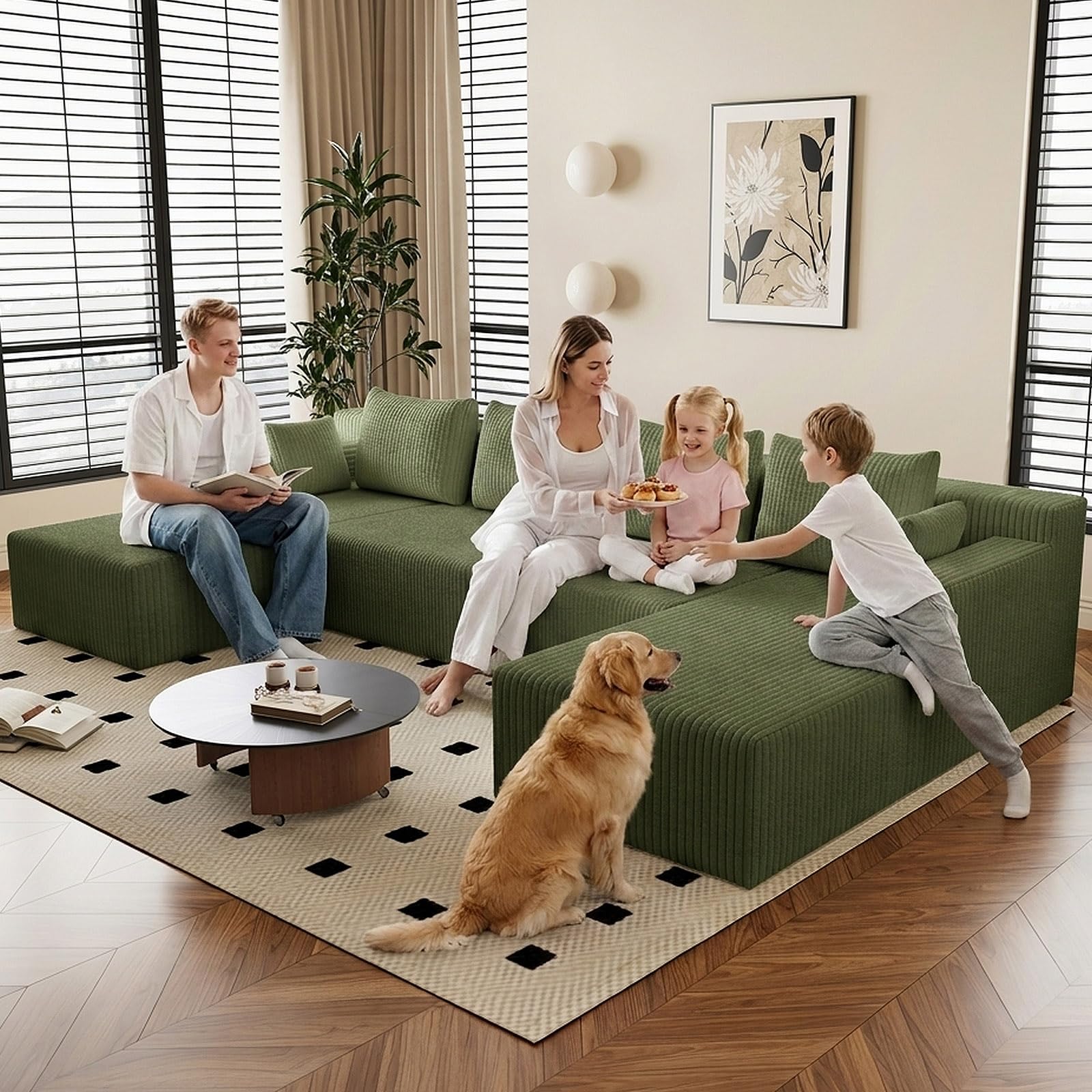 142" U-Shape Cloud Couch, Modern Modular Sectional U-Shape Sofa, Corduroy Boneless Couch Upholstered Couches Deep Seat Sleeper Chaise Longue for Living Room, No Assembly Required,Green
