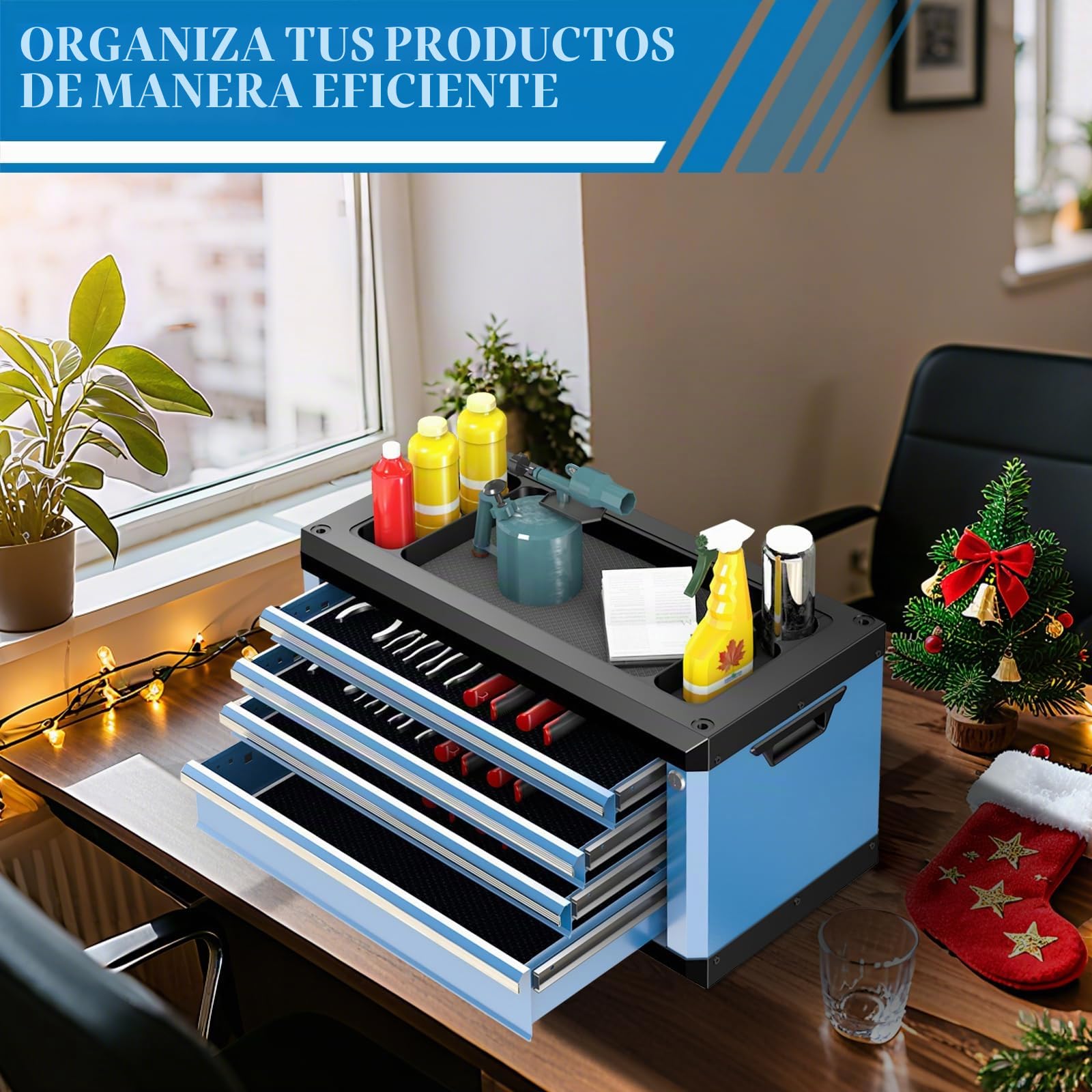 Caja de herramientas de 4 cajones con cerradura y llaves, caja de herramientas portátil con encimera multifuncional, con forro de cajón y agujeros de conexión, apilable con cajas de herramientas de 5