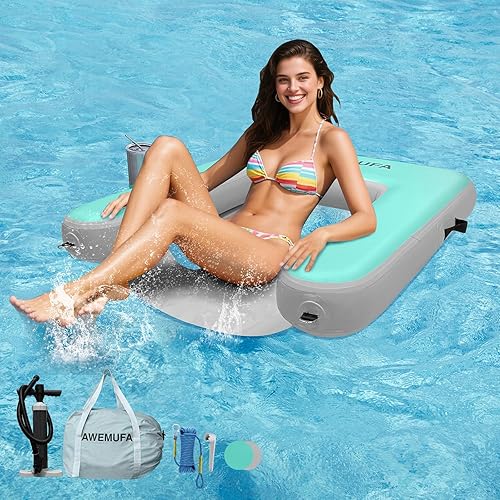 Miniatura 9 de Sillas inflables para adultos, flotadores de piscina con respaldo de reposabrazos, silla flotante inflable, sillas flotantes para piscina, silla de