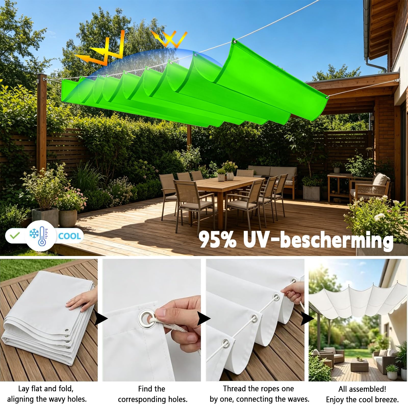 Toldo Retráctil de Onda 100 x 1000 cm Impermeable Ondulada Toldos Exterior Protección Rayos UV Resistente Al Desgarro con Ojales y Cuerdas para Jardín Porche Patio Barbacoa, Verde Tierno