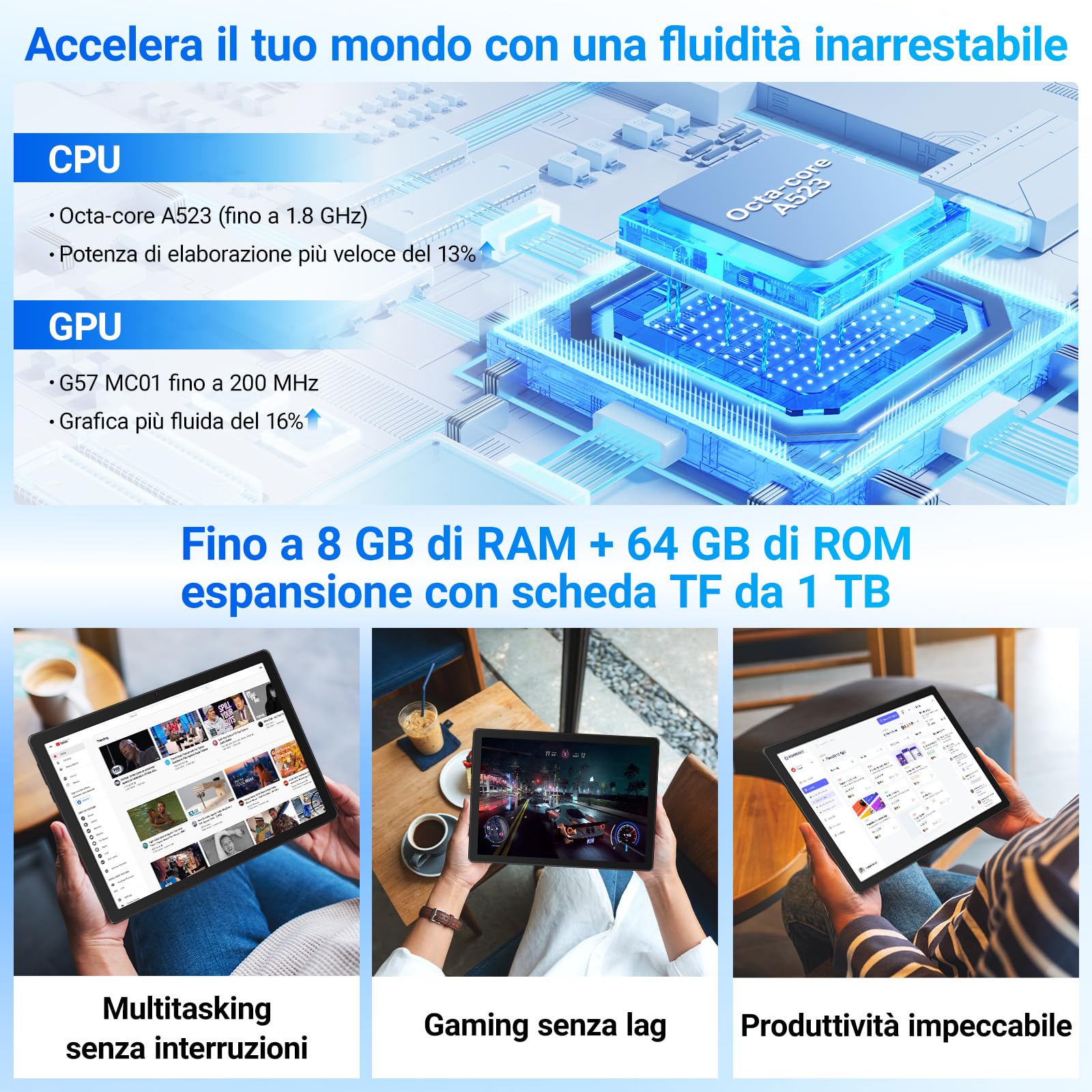 Tablet, 10 Pollici Android Tablet Octa-Core, 64GB ROM 1TB Espandibili, WiFi 6, BT 5.3, Face ID, Schermo 1280x800 HD IPS, Widevine L1, Doppia Fotocamera 5MP+8MP, 5000mAh（Bianco） - 5