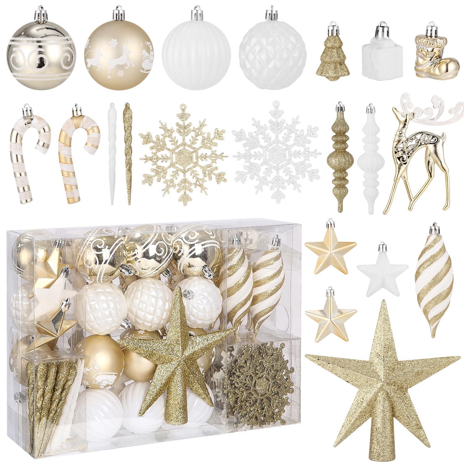 88 Piezas Adornos Navideños para Casa, Delicadas Bolas de Navidad Blancas y Doradas y Varias Formas de Adornos Navideños, Adecuados para Navidad, para Decorar el árbol de Navidad