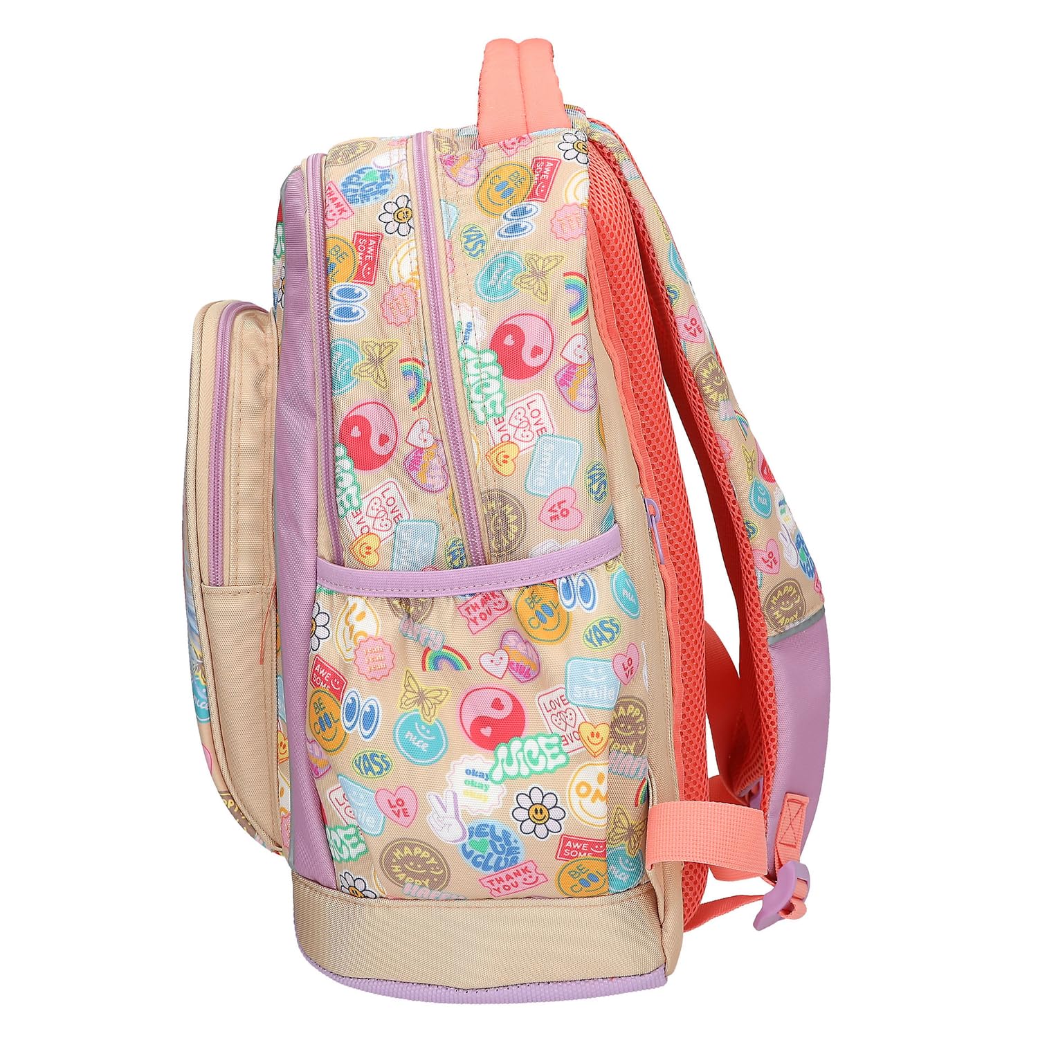Depesche 13285 TOPModel Girl Power - Schulrucksack in Beige und Lila, mit Model Motiv und bunten Batches, Schultasche mit verstellbaren Trägern