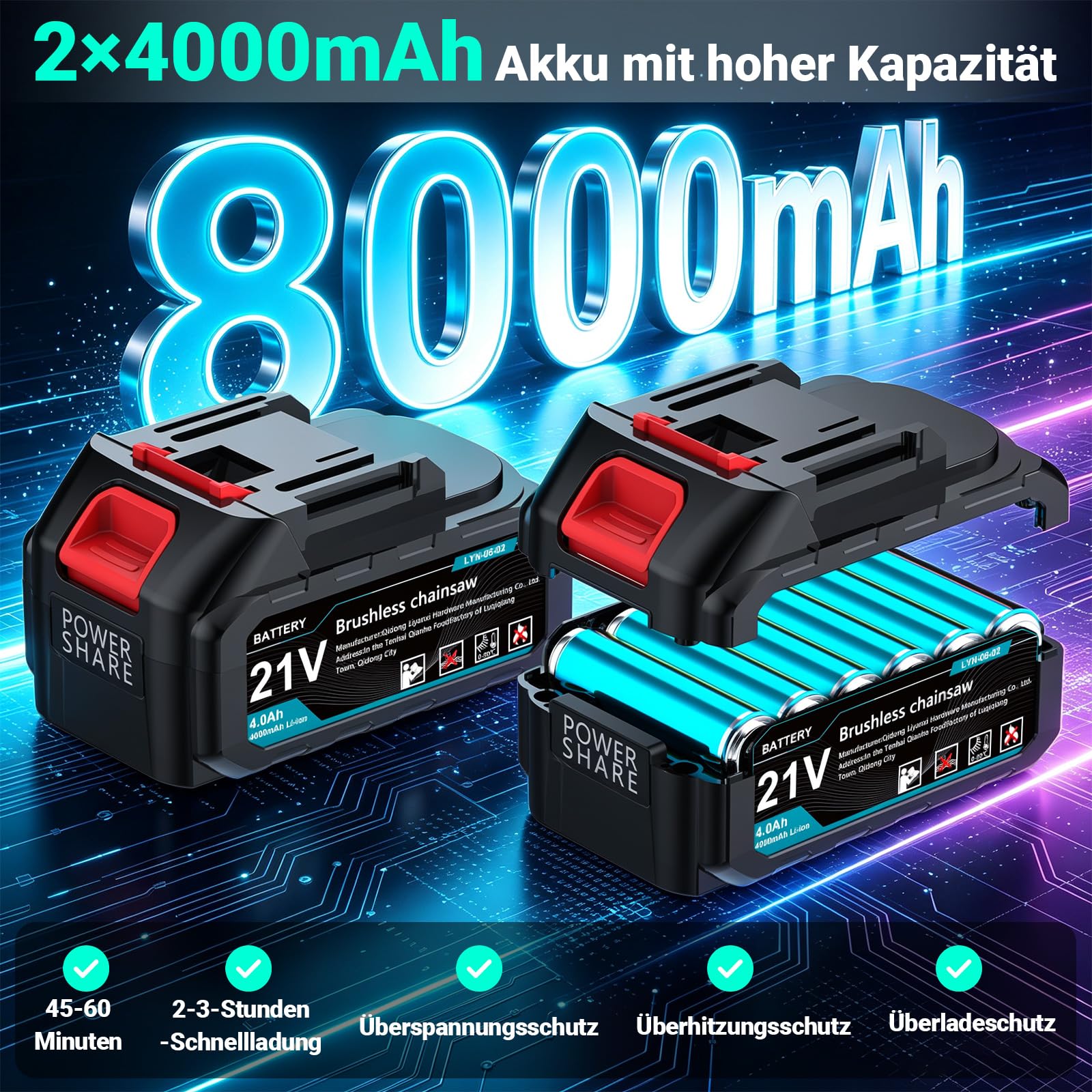 Mini motosega con batteria da 8000 mAh, 20,3 cm e 15,2 cm, senza spazzole, con 2 batterie da 4000 mAh, olio automatico, sega a mano, batteria per cesoie da giardino, cesoie da potatura, taglio del
