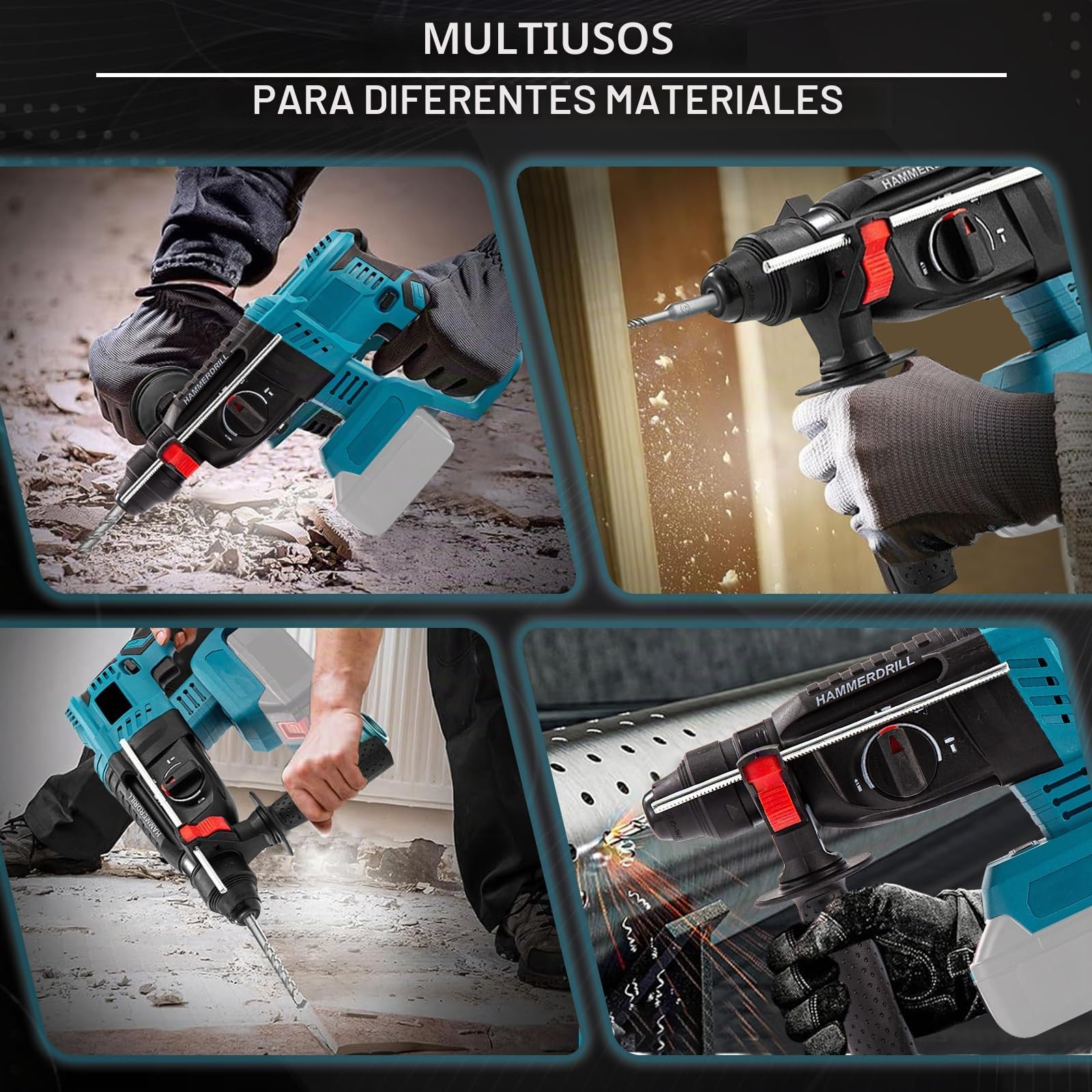 Martillo perforador a batería Compatible con Makita 18 V baterías | con 10 Brocas, 7J Energía de Impacto, Embrague de Seguridad& Control de Vibración (sin batería y cargador)