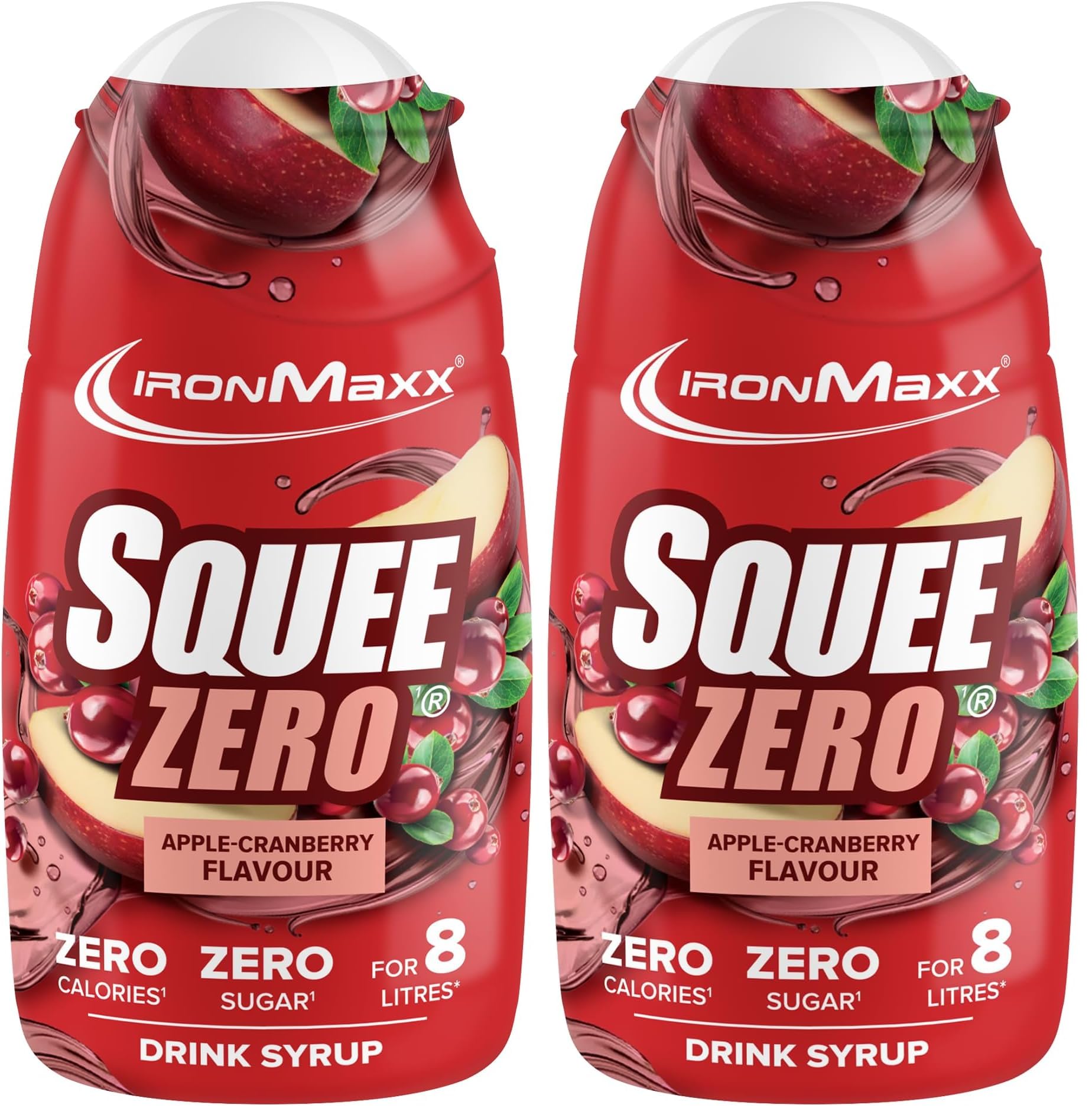 IronMaxx SqueeZero - Apple Cranberry 65ml | Sirup, Erfrischendes Geschmackserlebnis für 8 Liter, Zuckerfrei und Kalorienfrei in 100ml verzehrfertigem Getränk (Packung mit 2)