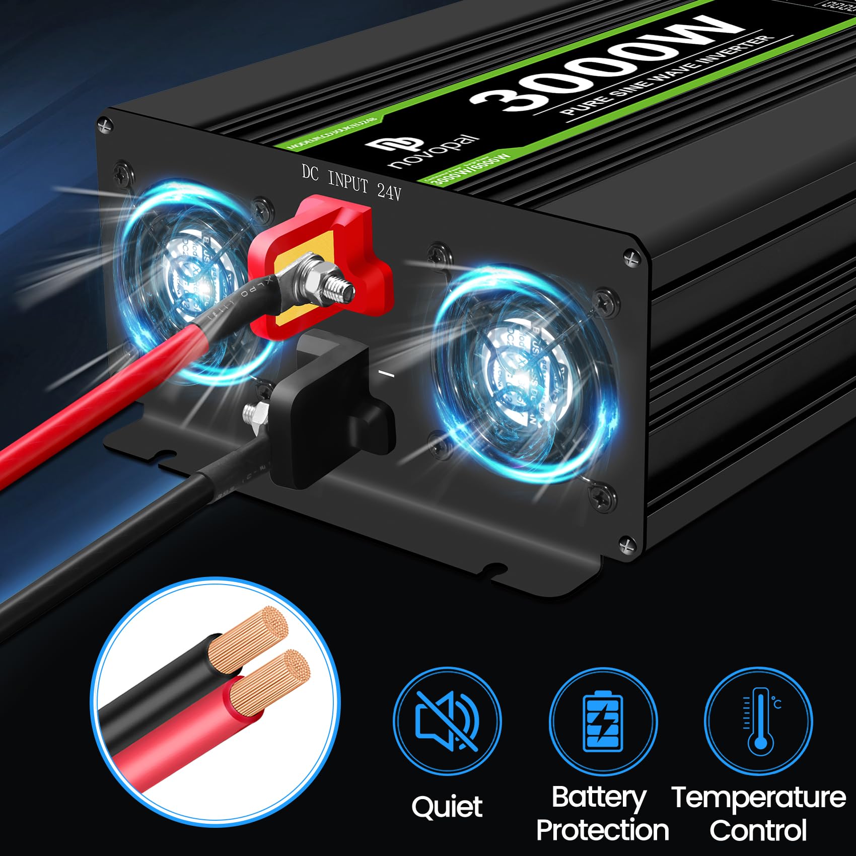 Novopal 3000W Onda Sinusoidale Pura Power Inverter DC 24V in AC 220V con Display LCD Codici di Errore,2 EU Presa con USB QC3.0 18W,5M di Telecomandoper per Camion Camping Macchina da Caffè