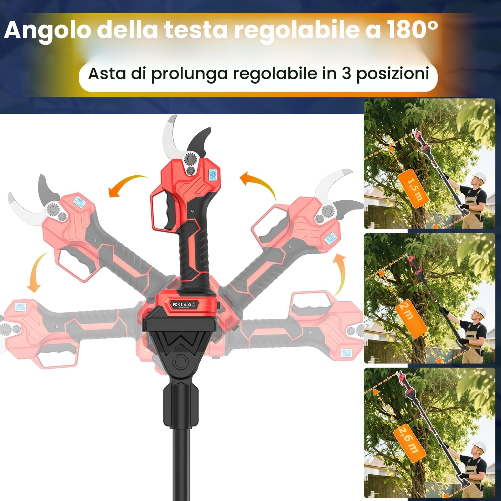 2 In 1 Forbici Potatura a Batteria, Forbici Potatura con Asta, Estensibile Fino a 4.3 M, 50mm Forbici Potatura con 1000 W Motore Brushless, Lame Affilate SK7 & 2 x 2,0Ah Batterias Autonomia di 6-8 ore