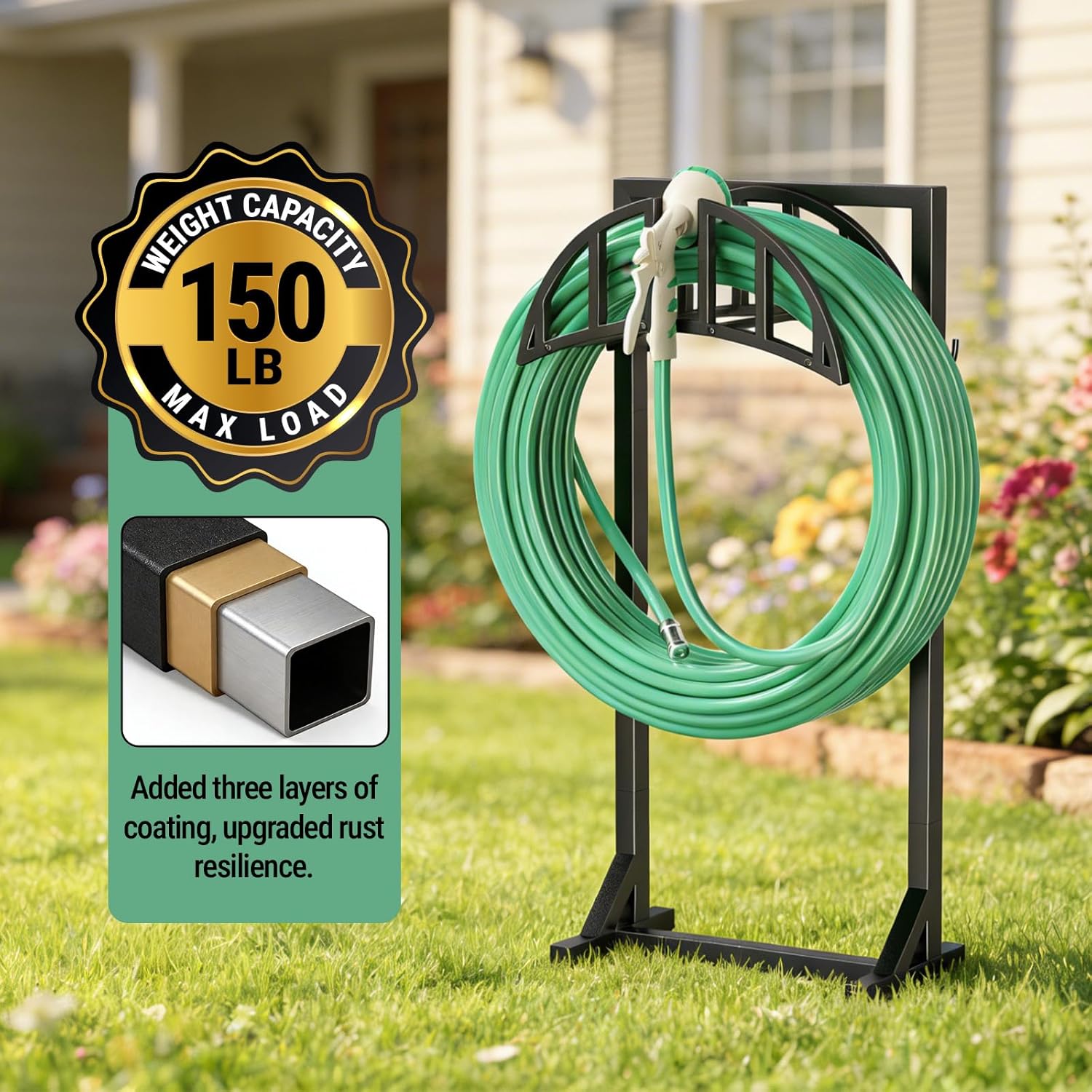 Garden Hose Holder, Water Hose Stand with 4 Stake and 2 Tool Hooks, Heavy-Duty Metal Hose Storage Holds 150Ft, Freestanding Hose Hanger Rack for Outside, Yard, Lawn, Farm