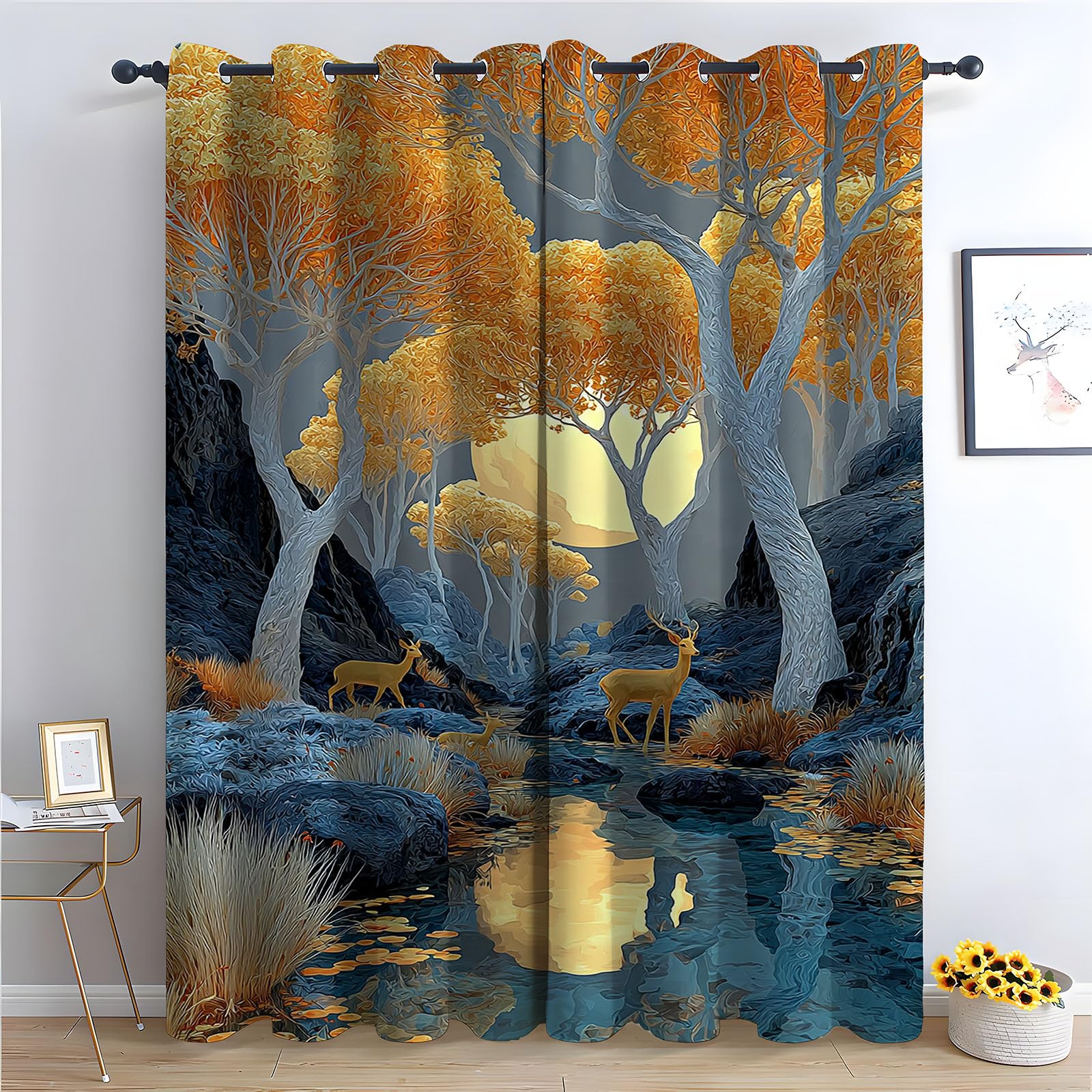 Teruea Gold Curtain For Bathroomb Decoration 3D Silver Tree, En Deer And Blue Eggs In Water Blackout Curtains Botanical Flower Print Drapes For Bedroom Living Room-52 W X 84" L (Pack Of 2)