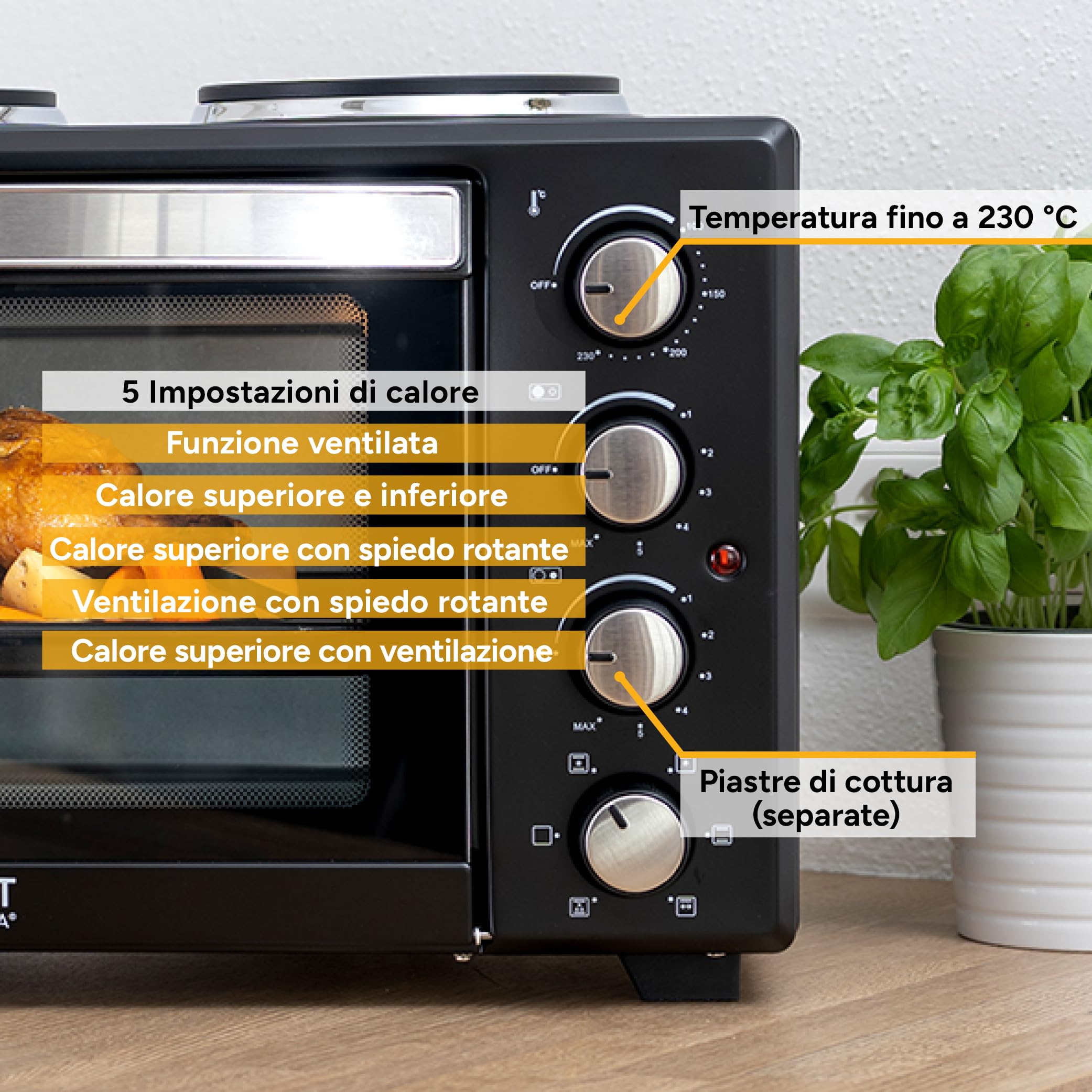 Forno con fornelli 60L 3200W - Fornetto pizza 230°C 6 modalità riscaldamento - Multiforno 4 altezze inserimento