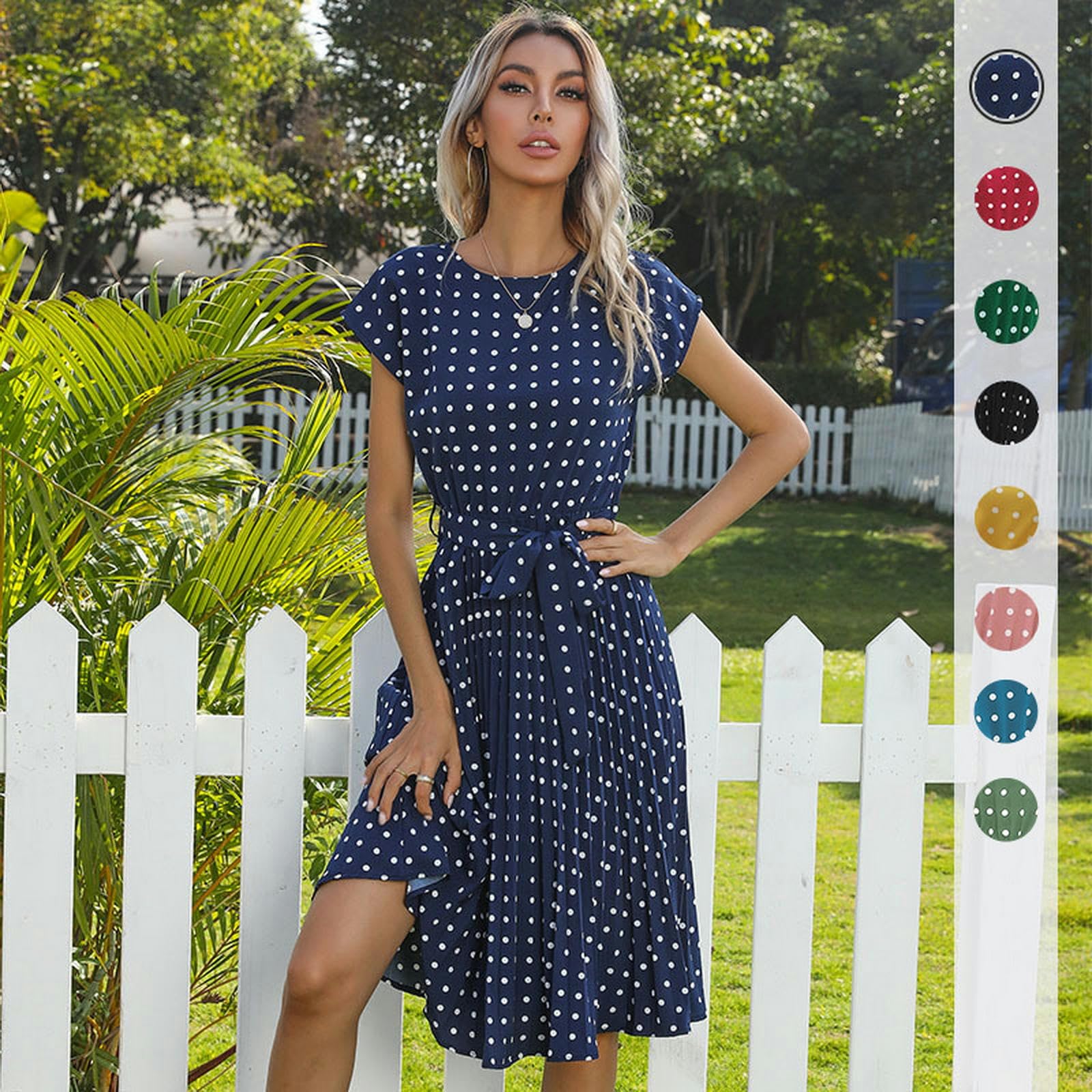 Vestidos de verano para mujer, vestido de lunares de manga corta, plisado, casual, vestido midi con cinturón, YYEFNMAZ