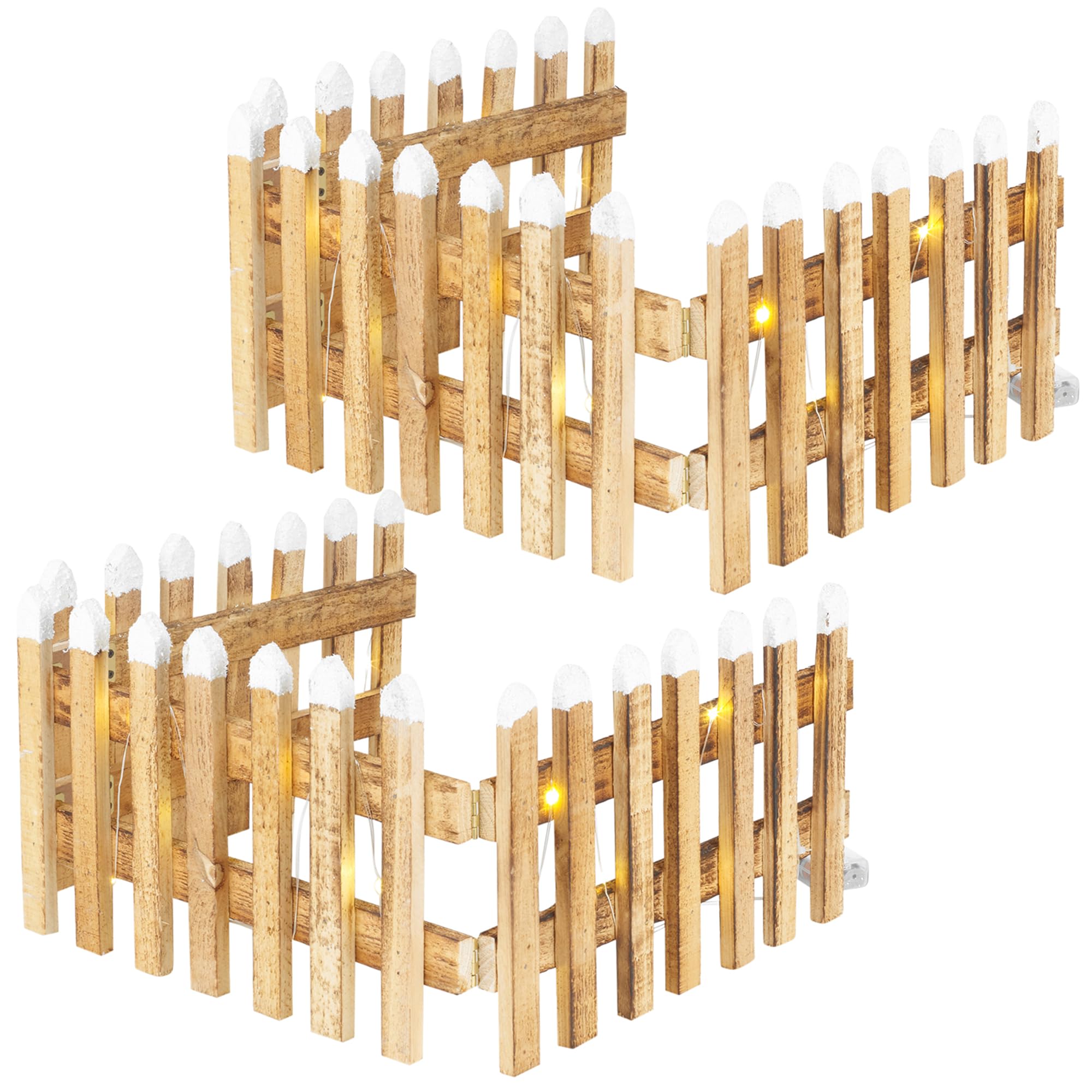 Urbnliving Beige Pre Lit Led Light Up Wooden Snow Topped Christmas Tree Picket Fence | Xmas Tree Skirt Stand Border Fence Decoration (2, 90Cm L X 2Cm D X 20Cm H)
