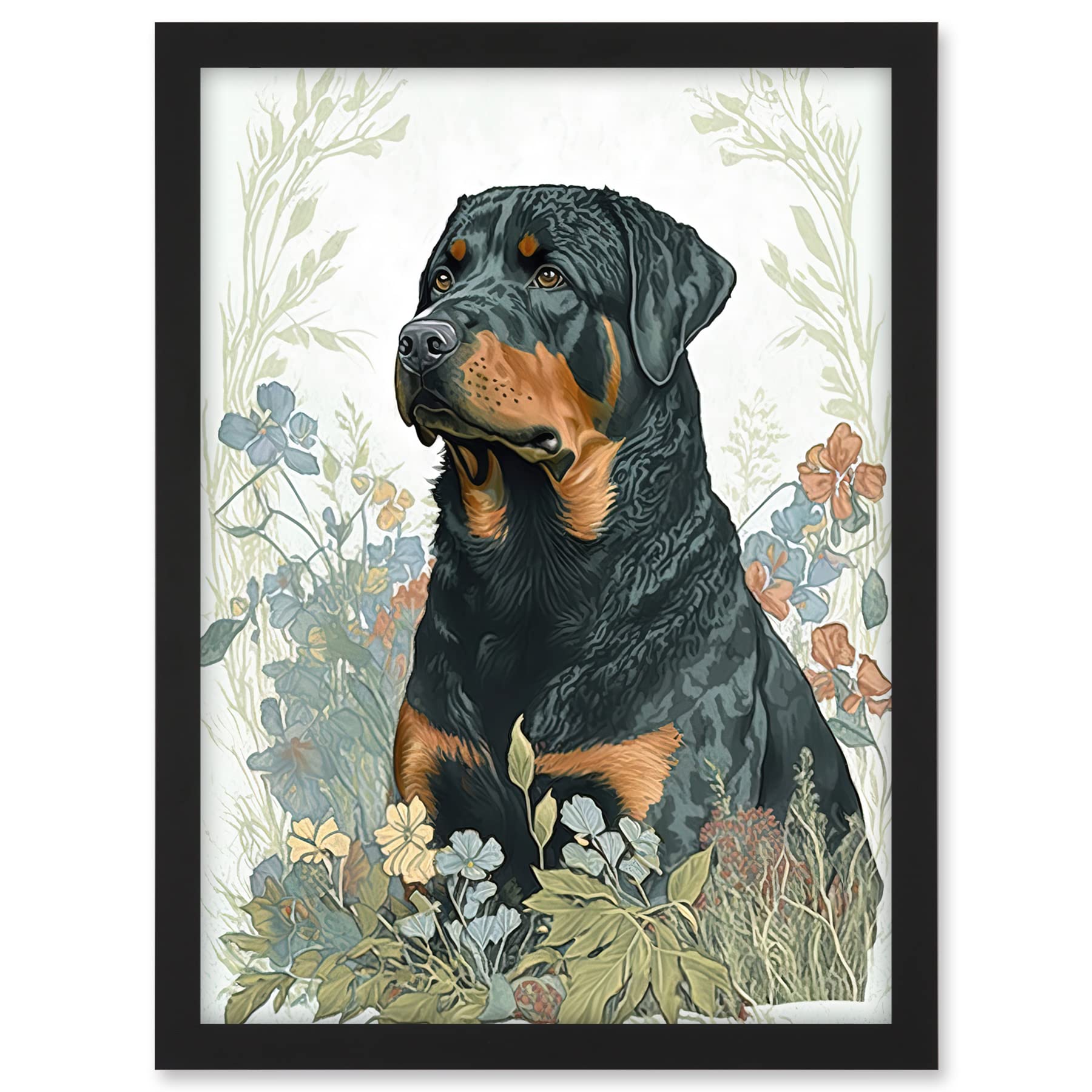 Artery8 Rottweiler Dog Sitting in Flower Field Modern Watercolour Illustration Artwork Framed A3 Wall Art Print