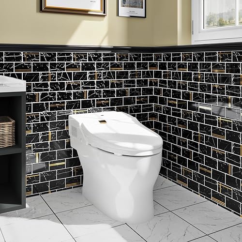 Miniatura 4 de Wallercity Calcomanías autoadhesivas 3D de mármol brillante negrodorado, para cocina, baño, balcón, azulejos de metro, azulejos de pared de