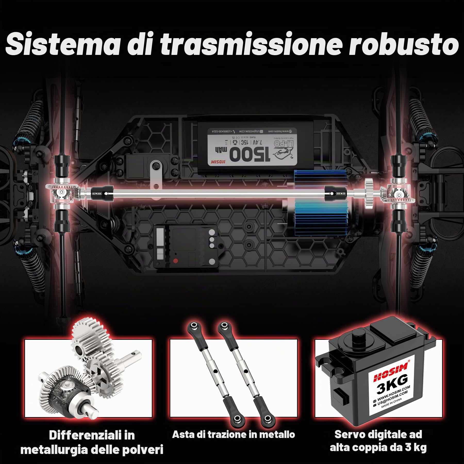 Hosim 1:10 Auto telecomandata per adulti, Buggy RC 4WD ad alta velocità 48 + KM/H con 2 batterie 7,4 V 1500 mAh, auto elettrica RC grande camion RC fuoristrada 2,4 GHz impermeabile