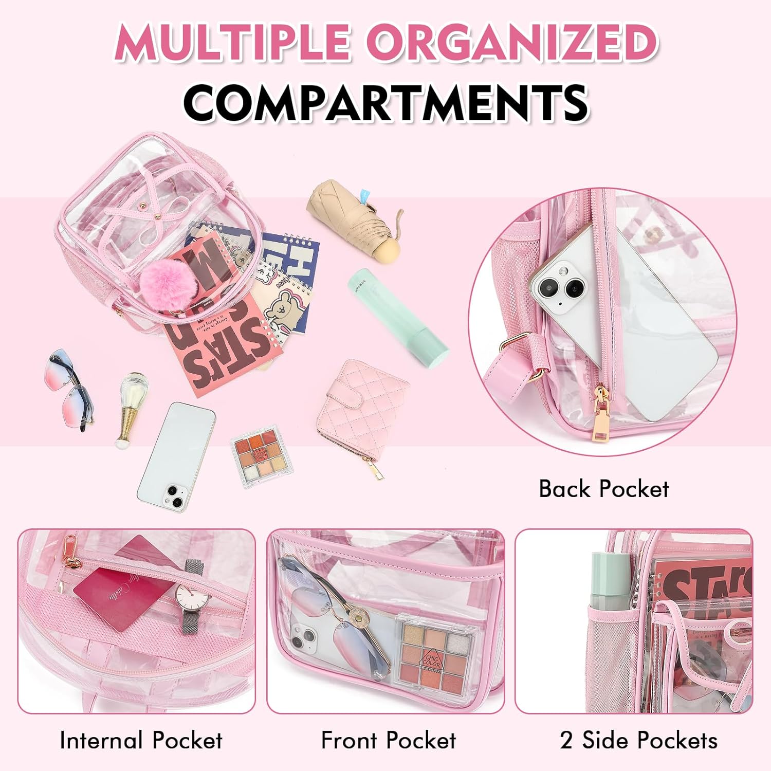 Clear Backpack for Stadium Events 12x12x6, Thick PVC Small Clear Bag with Leather Trim Fashion Women Backpack