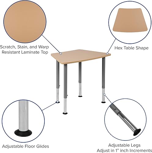 Miniatura 4 de Flash Furniture Billie - Escritorio hexagonal natural colaborativo para estudiantes (ajustable de 22.3 a 34 pulgadas), hogar y aula