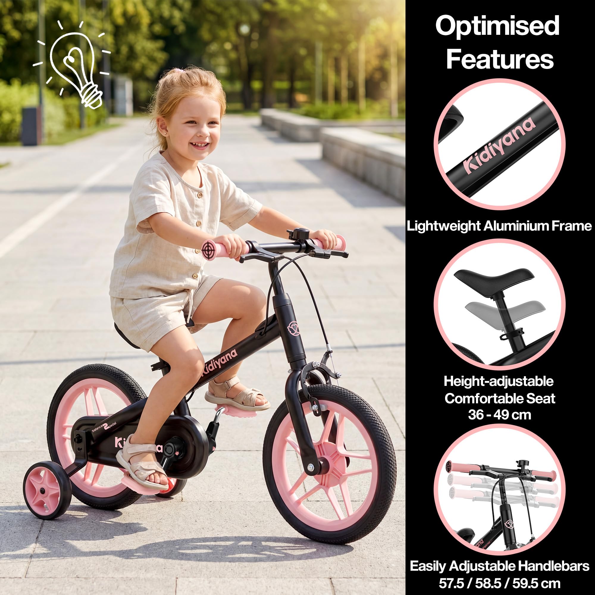 Bicicleta sin Pedales 3 en 1 Desde 2 Años con Pedales y Ruedas de Apoyo Desmontables, Bici Infantil de 12 Pulgadas con Freno de Mano, Timbre, Sillín Ajustable y Marco de Aluminio