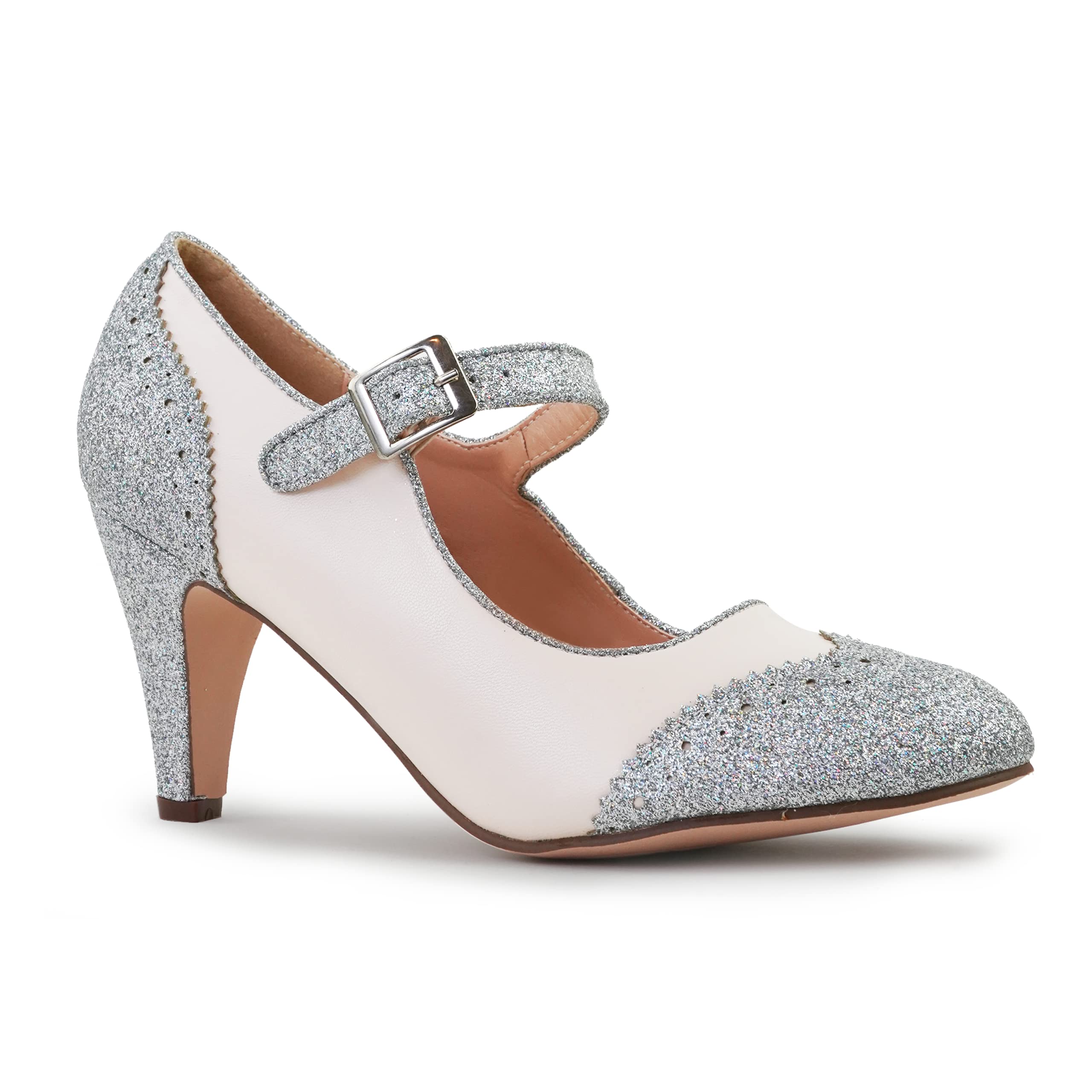 J. Adams Mary Jane Oxford Pumps - Cute Low Kitten Heels - Retro Round Toe Shoe with Ankle Strap - Kym, Silver Glitter, 10