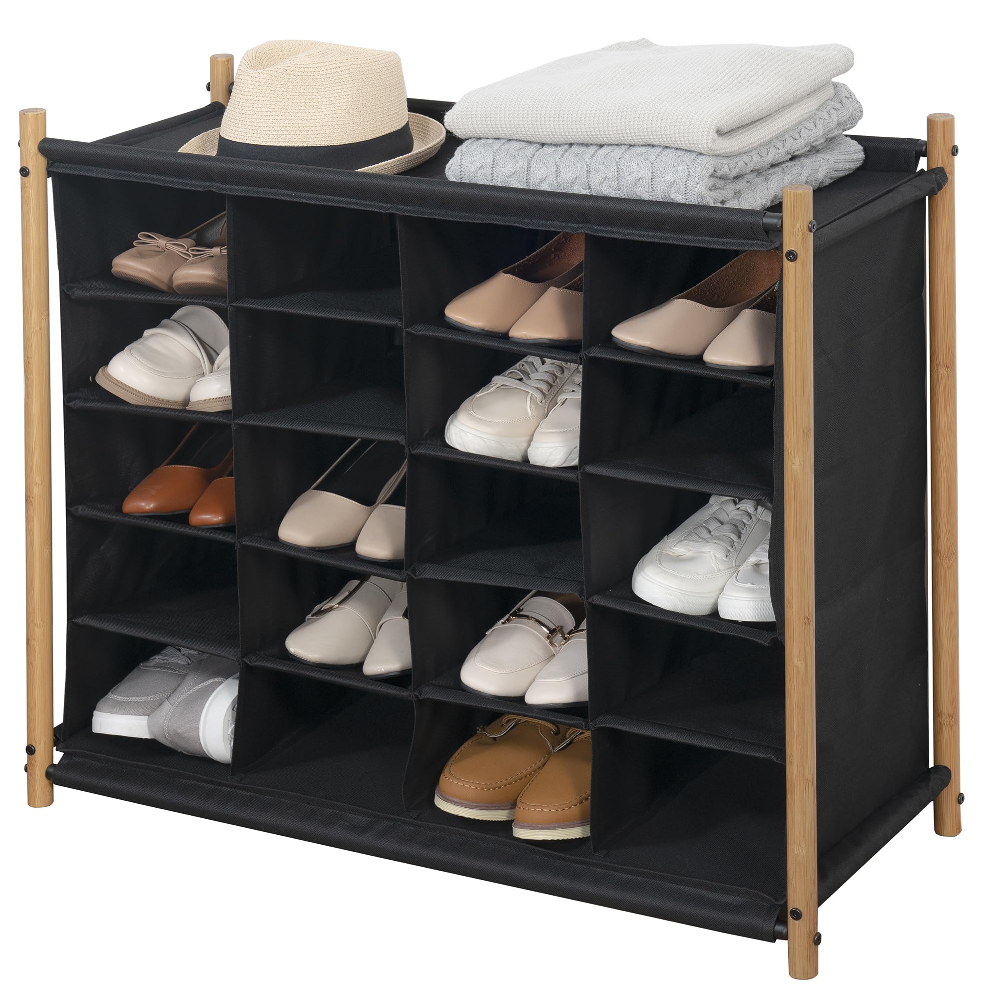 STO STO Organizador de zapatos con marco de bambú, 5 niveles, 20 pares, organizador de zapatos independiente para entrada, armario y pasillo, estante de tela para zapatos, color negro