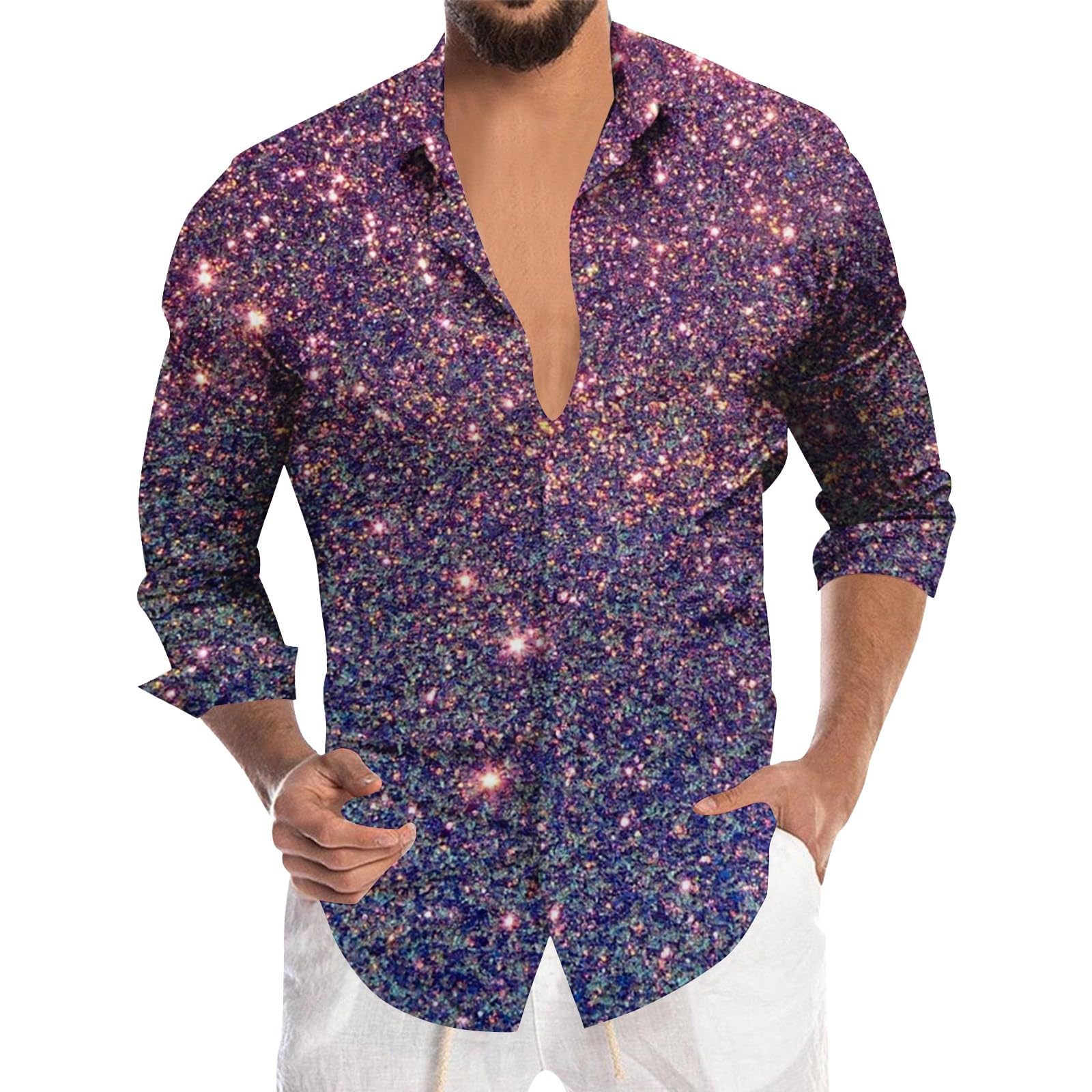 Mens Sequin Printed Shirt Long Sleeve Glitter SparkIe Shirt for Carnival Festival Party Nightclub Fancy Dress Shiny Disco Costume Tops Button Down for Men Stage Performance Clothing Dark Purple โ image 1