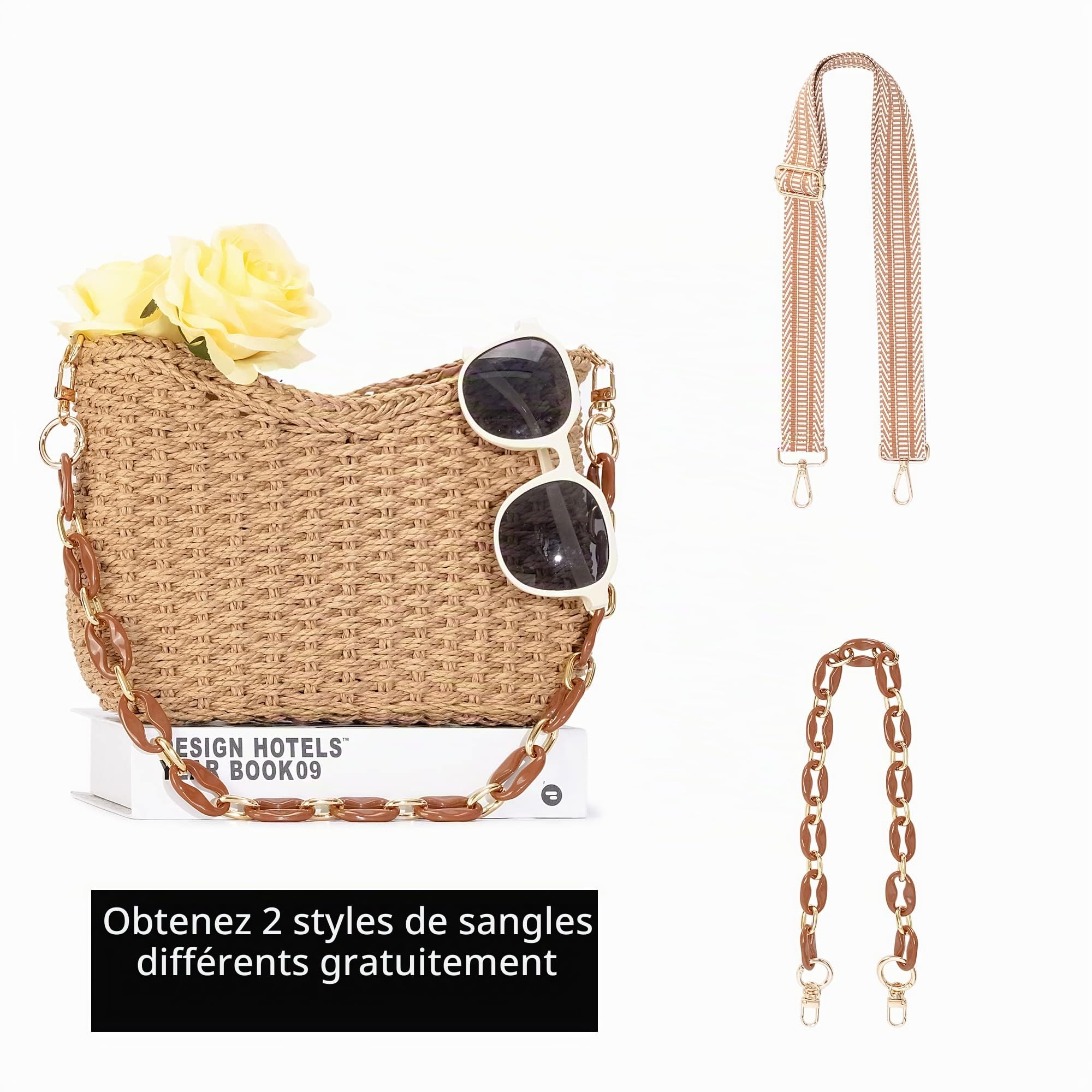 Herald Petit sac à bandoulière d'été pour femme, sac à main en paille tissée, sac à main à bandoulière, café, Small