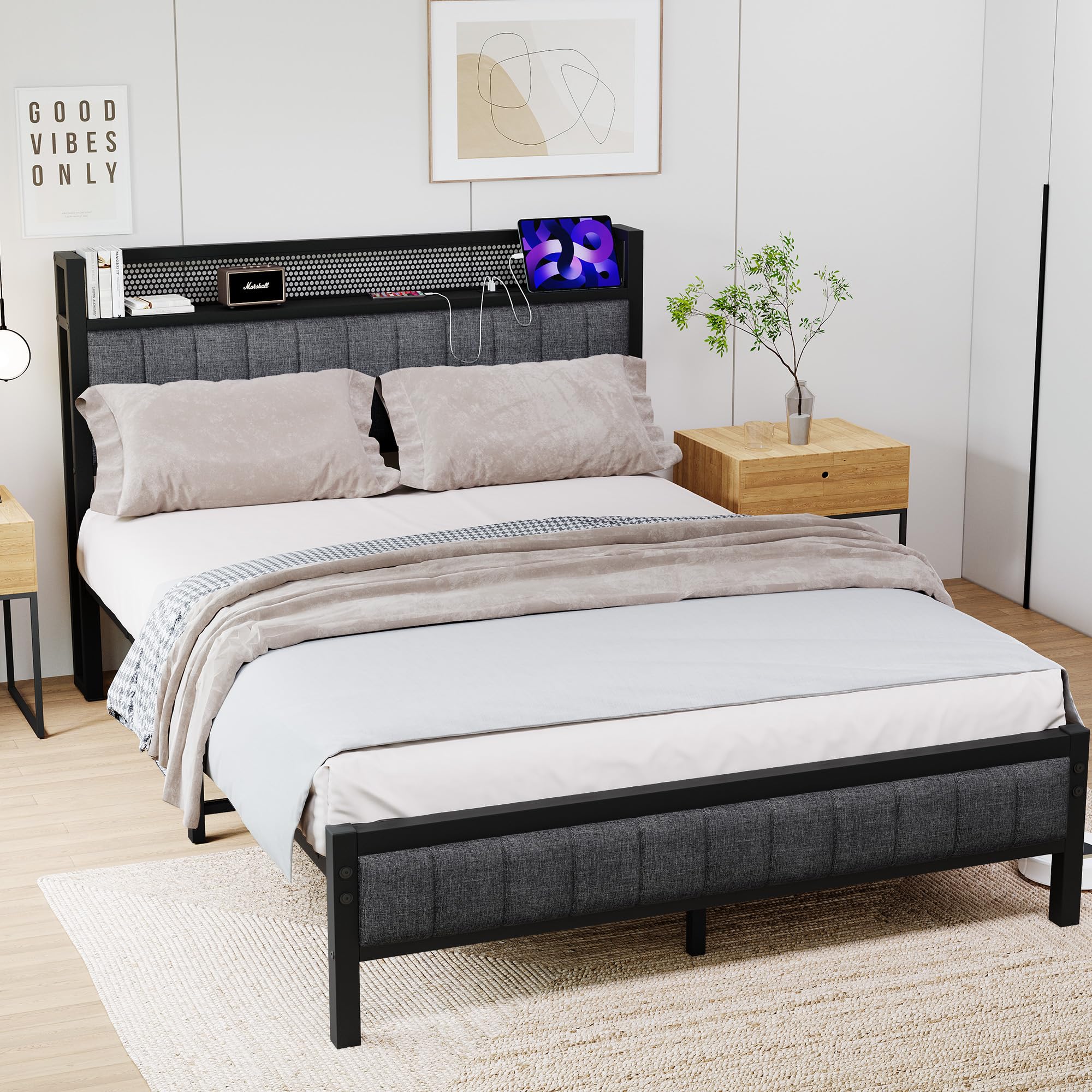 Bett 140x200 mit Metal Lattenrost,Bettgestell140x200 mit Kopfteil & Ladestation(2 AC-Steckdosen& 1 USB-Anschlüsse) Metallbett 140x200, Jugendbett, Doppelbett